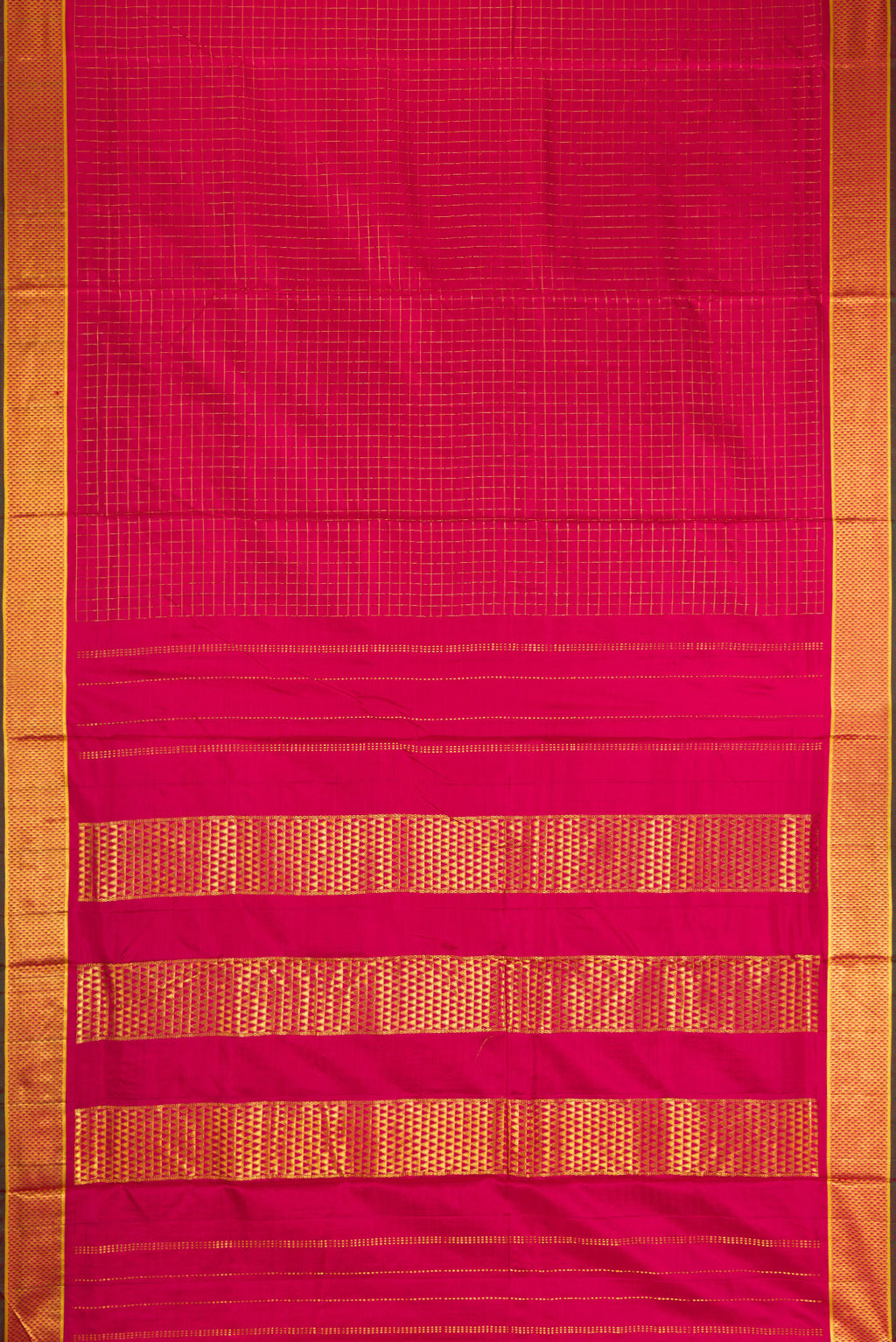 Flat view of Red Dual Tone Kanchipuram Silk Saree with Checked design on the body and Zari Border. 