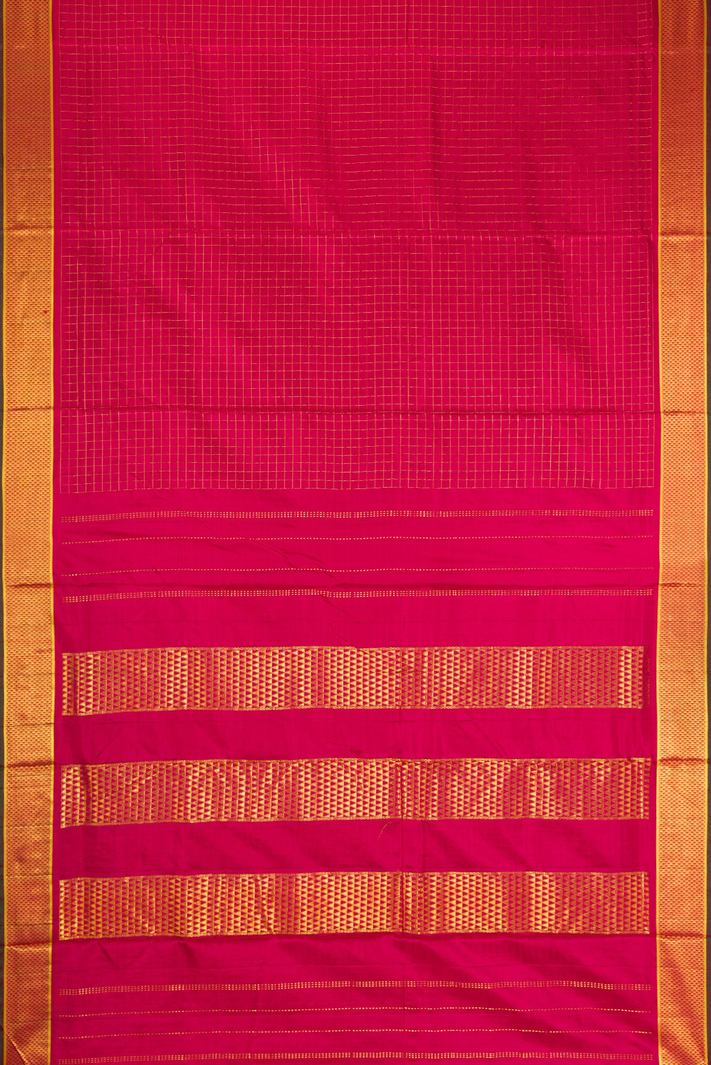 Flat view of Red Dual Tone Kanchipuram Silk Saree with Checked design on the body and Zari Border. 