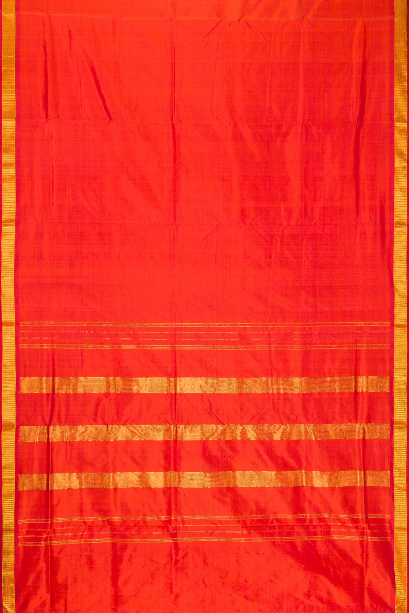 Flat view of Orange Dual Tone Kanchipuram Silk Nine Yards Saree with Plain Body and Zari Border. 