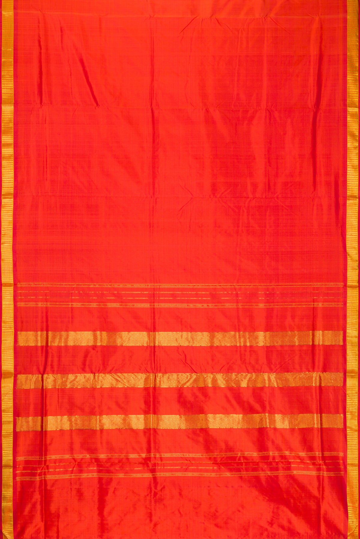 Flat view of Orange Dual Tone Kanchipuram Silk Nine Yards Saree with Plain Body and Zari Border. 