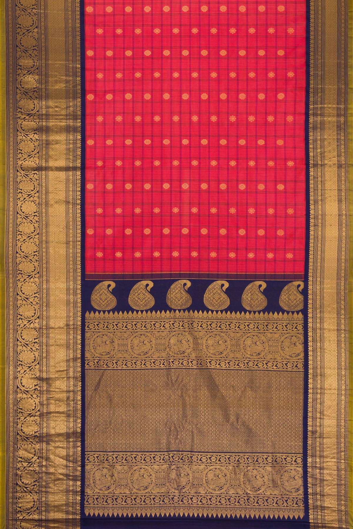 Flat view of Dark Pink Dual Tone Gadwal Silk Saree with Zari Butta on the body and Zari Border. 
