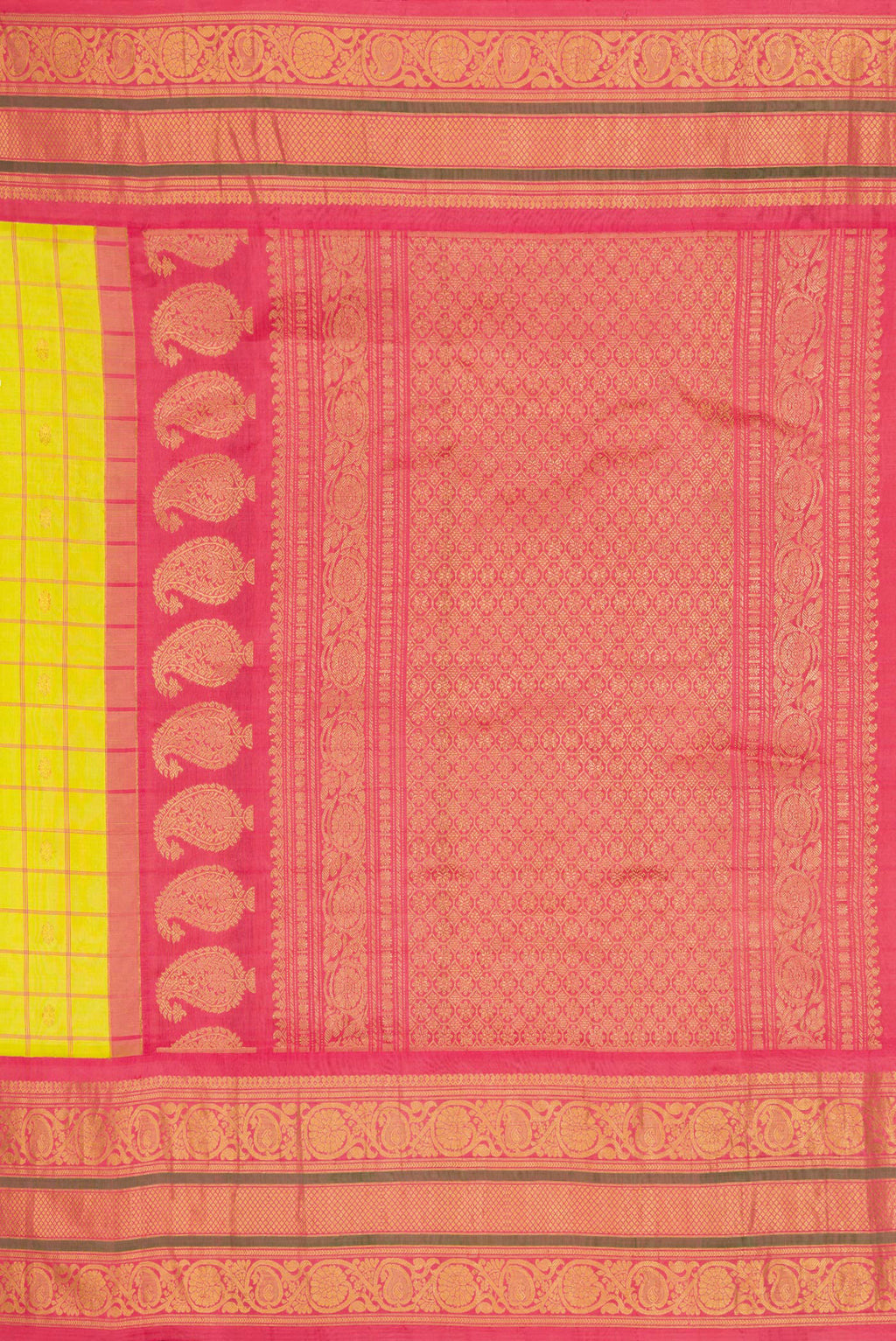 Close up image of the pallu of Parrot Green Dual Tone Gadwal Silk Saree with Checked design on the body and Zari Border. 