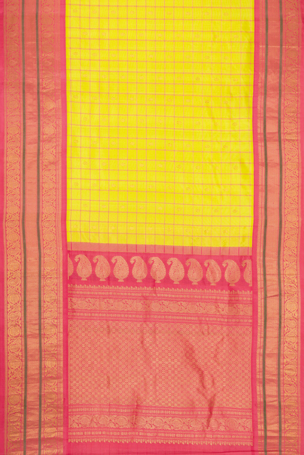 Flat view of Parrot Green Dual Tone Gadwal Silk Saree with Checked design on the body and Zari Border. 