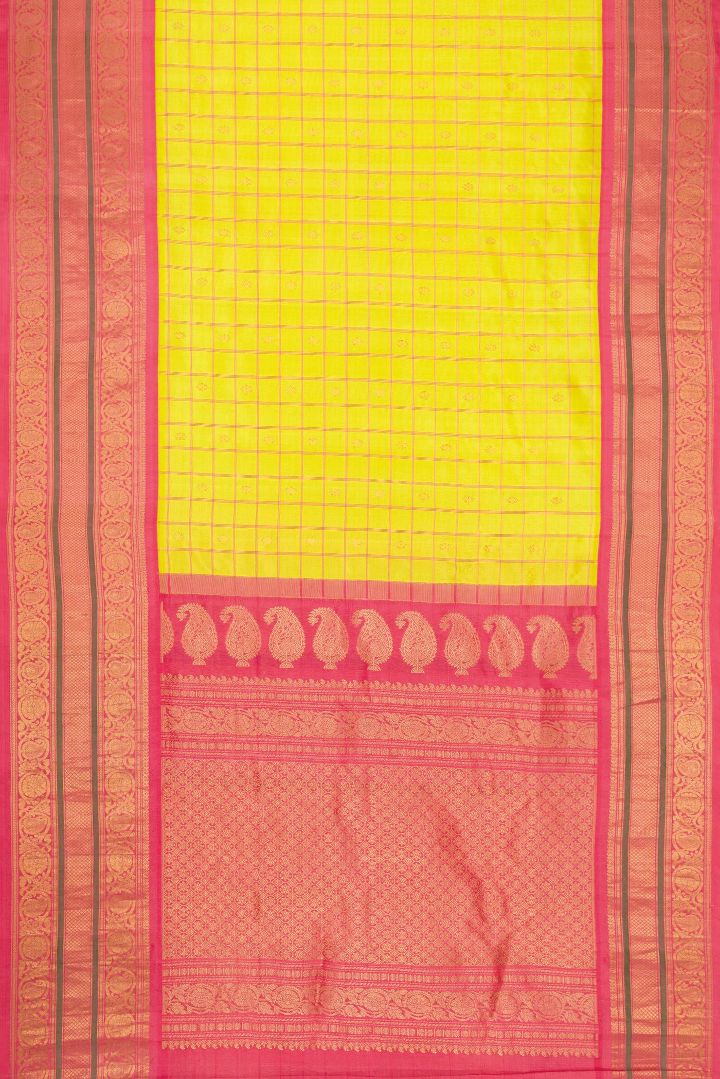 Flat view of Parrot Green Dual Tone Gadwal Silk Saree with Checked design on the body and Zari Border. 
