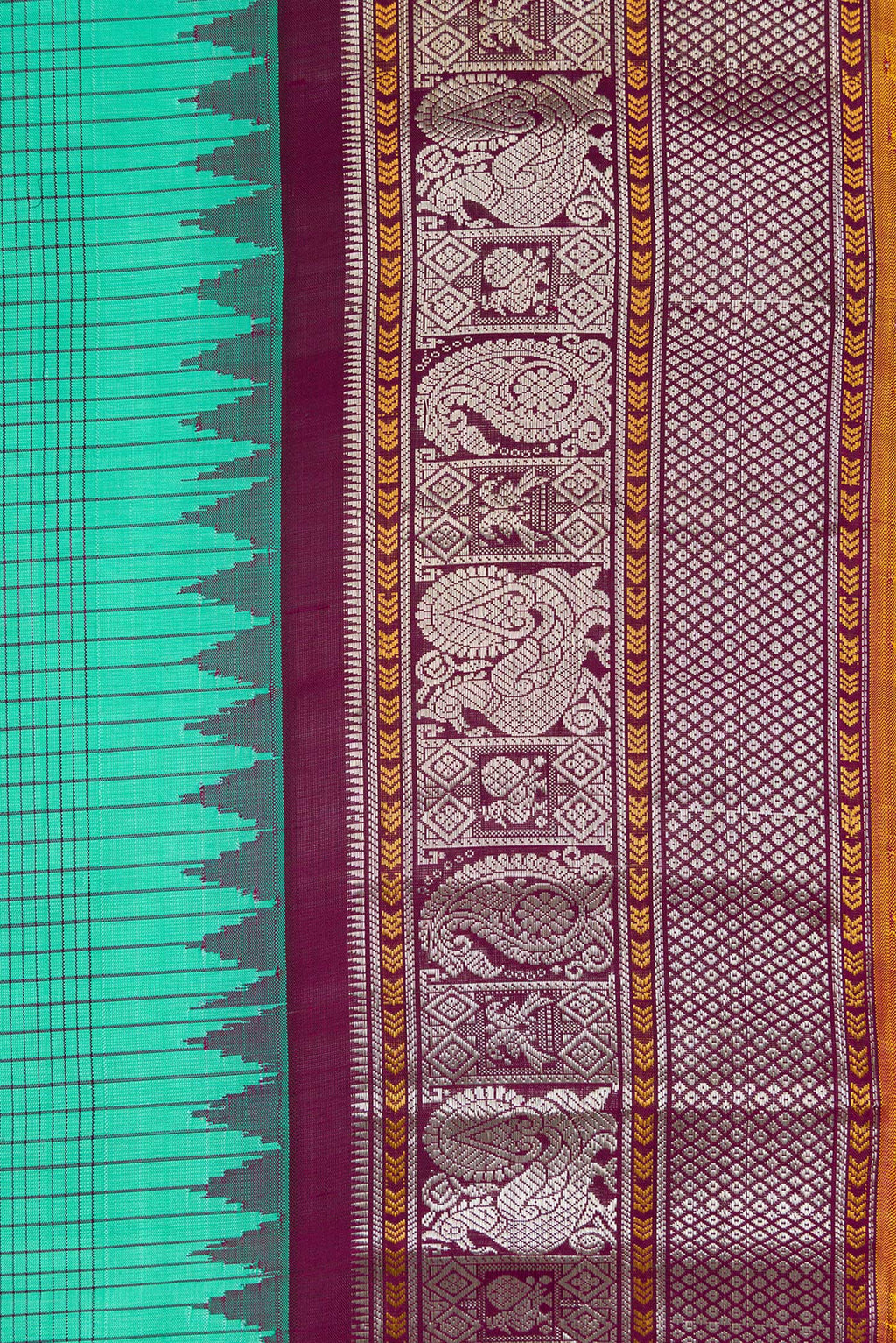 Border image of Sea Green Dual Tone Gadwal Silk Saree with Checked design on the body and Zari Border. 