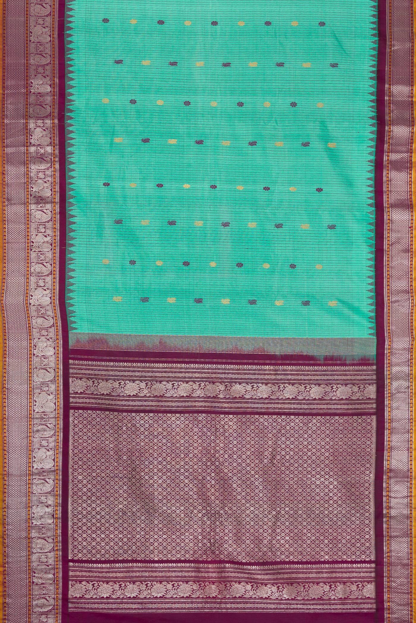Flat view of Sea Green Dual Tone Gadwal Silk Saree with Checked design on the body and Zari Border. 