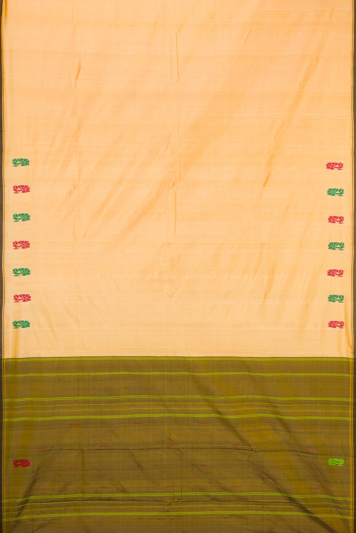 Sandal Kanchipuram Silk Saree with Plain Body and Thread Border.  displayed on a mannequin