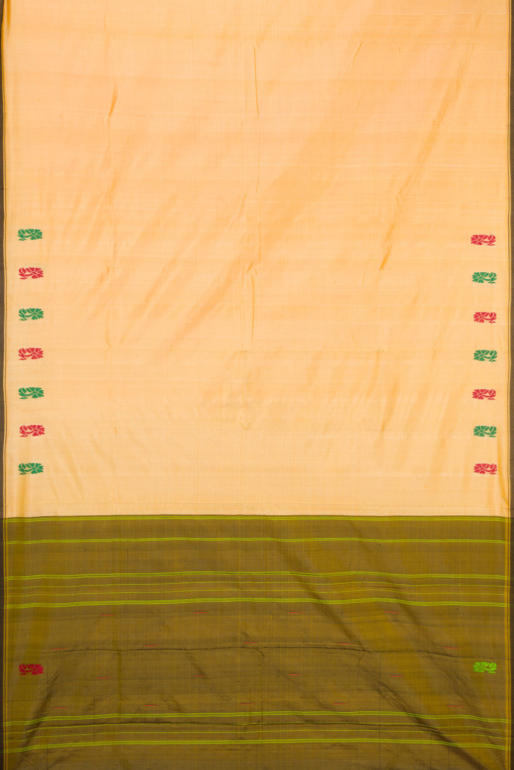 Flat view of Sandal Kanchipuram Silk Saree with Plain Body and Thread Border. 