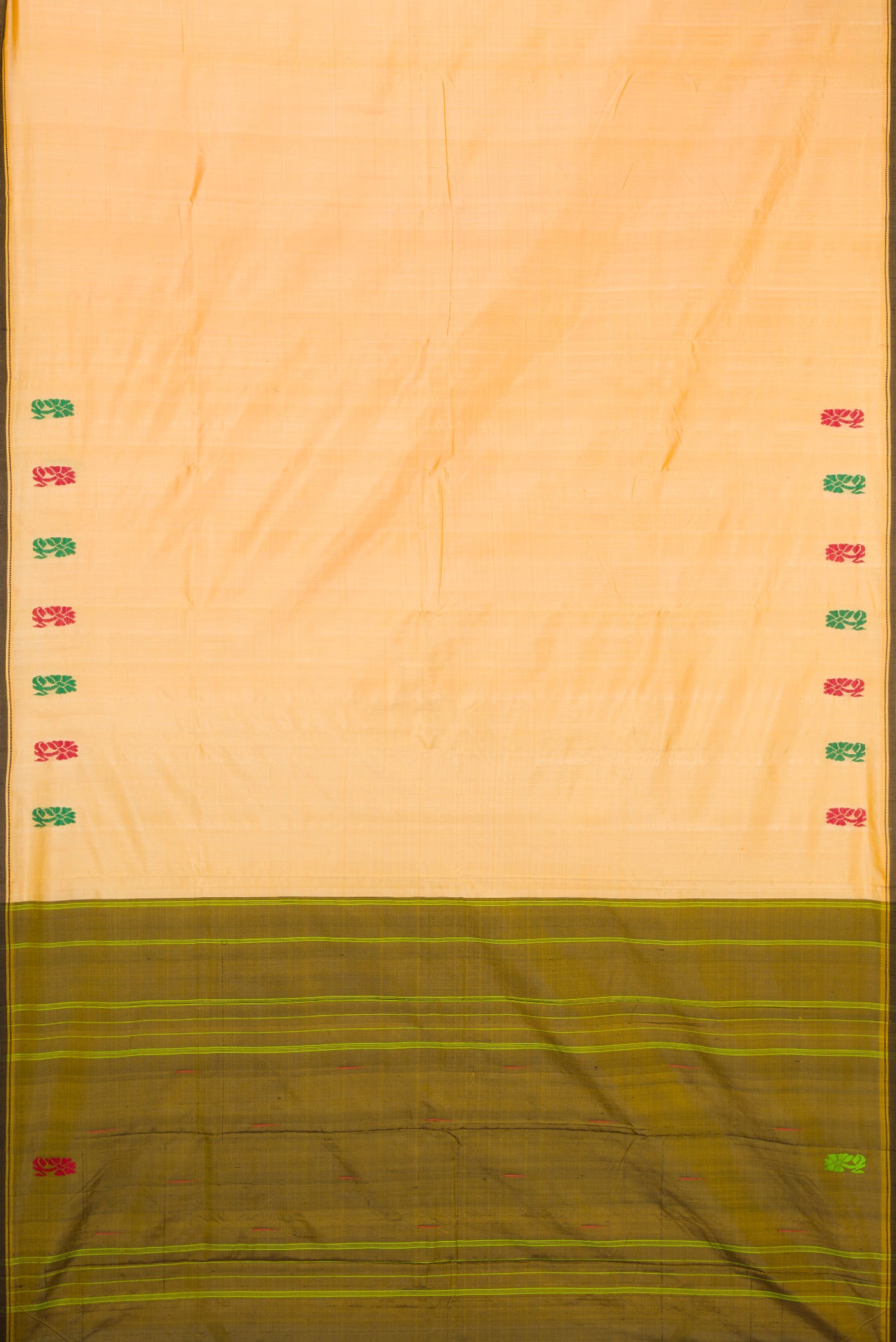 Flat view of Sandal Kanchipuram Silk Saree with Plain Body and Thread Border. 