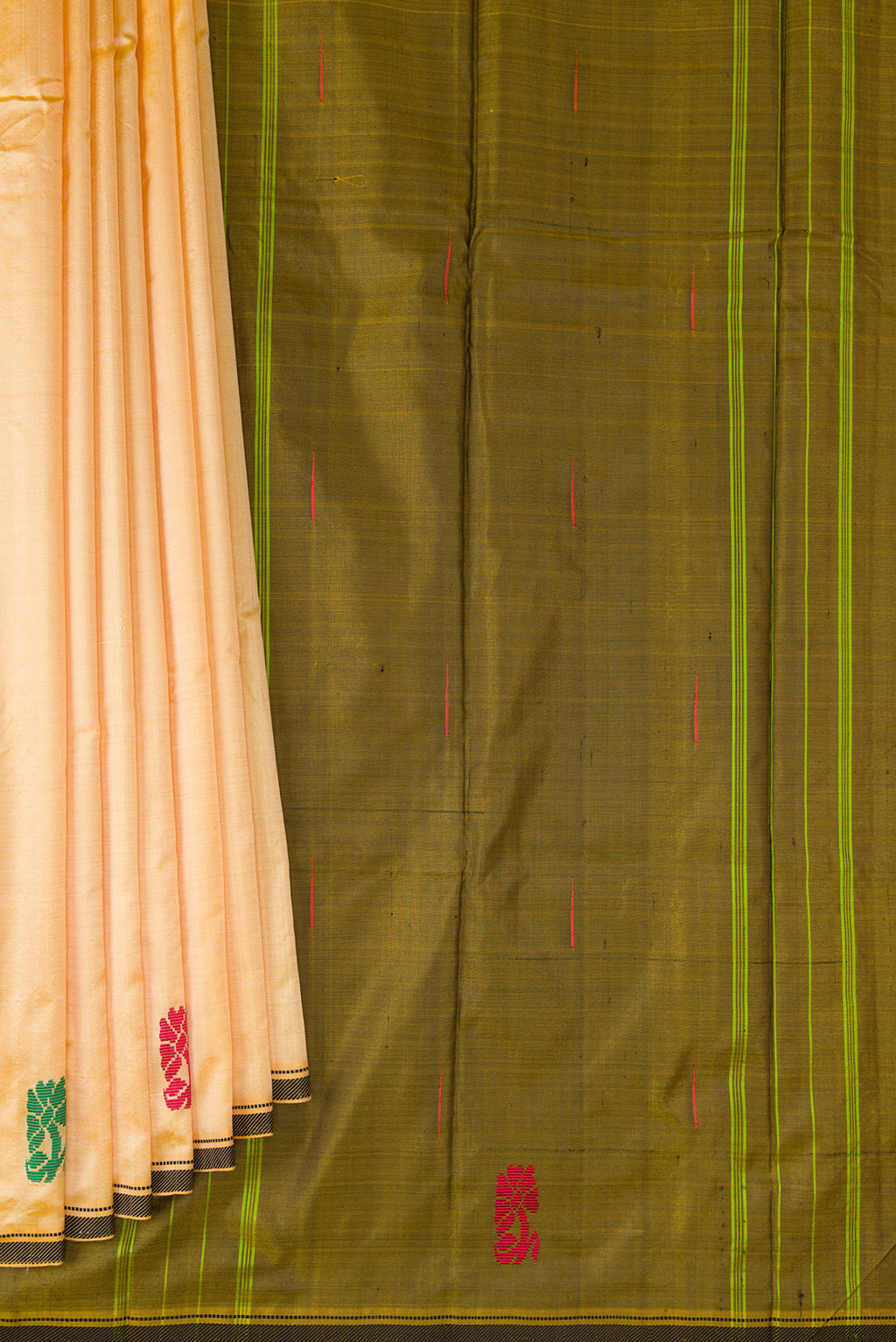 Pleats and pallu of Sandal Kanchipuram Silk Saree with Plain Body and Thread Border. 