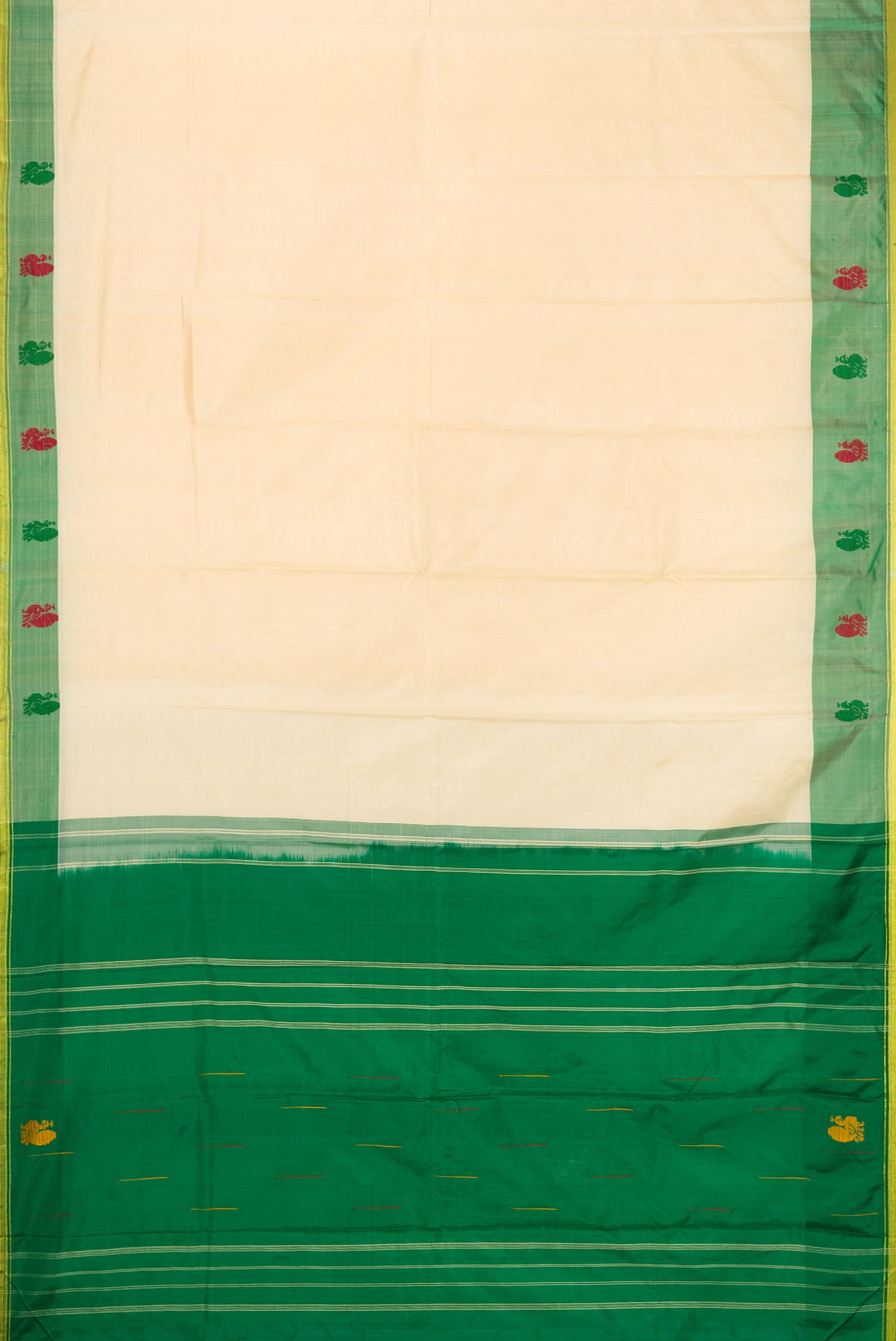 Flat view of Sandal Kanchipuram Silk Saree with Plain Body and Zari Border. 