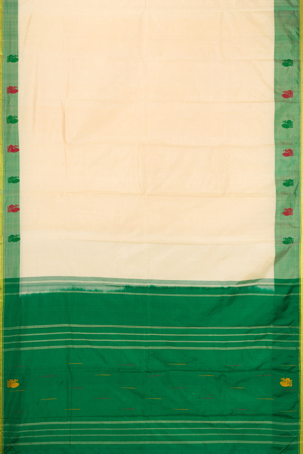 Sandal Kanchipuram Silk Saree with Plain Body and Zari Border.  displayed on a mannequin