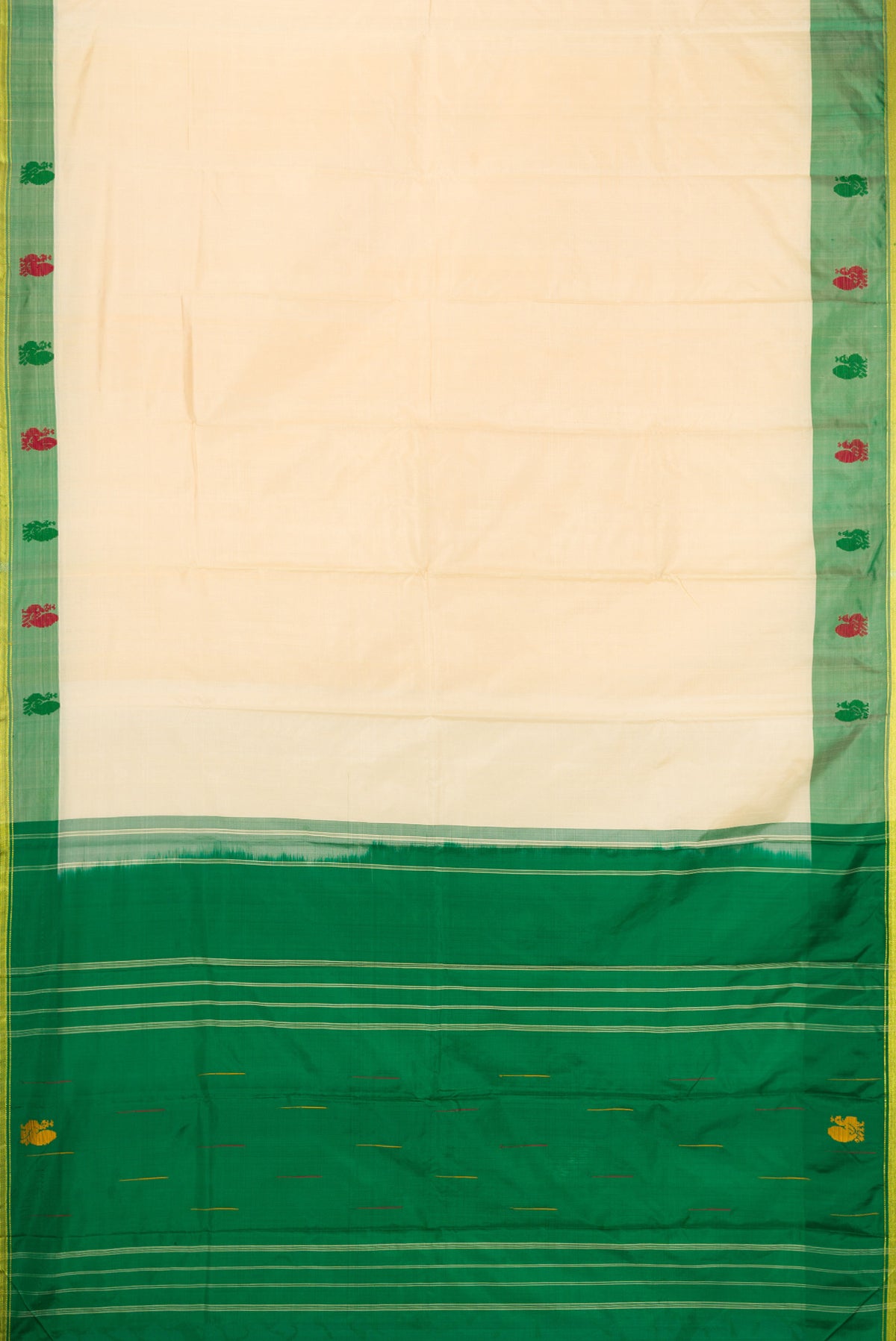 Sandal Kanchipuram Silk Saree with Plain Body and Zari Border.  displayed on a mannequin