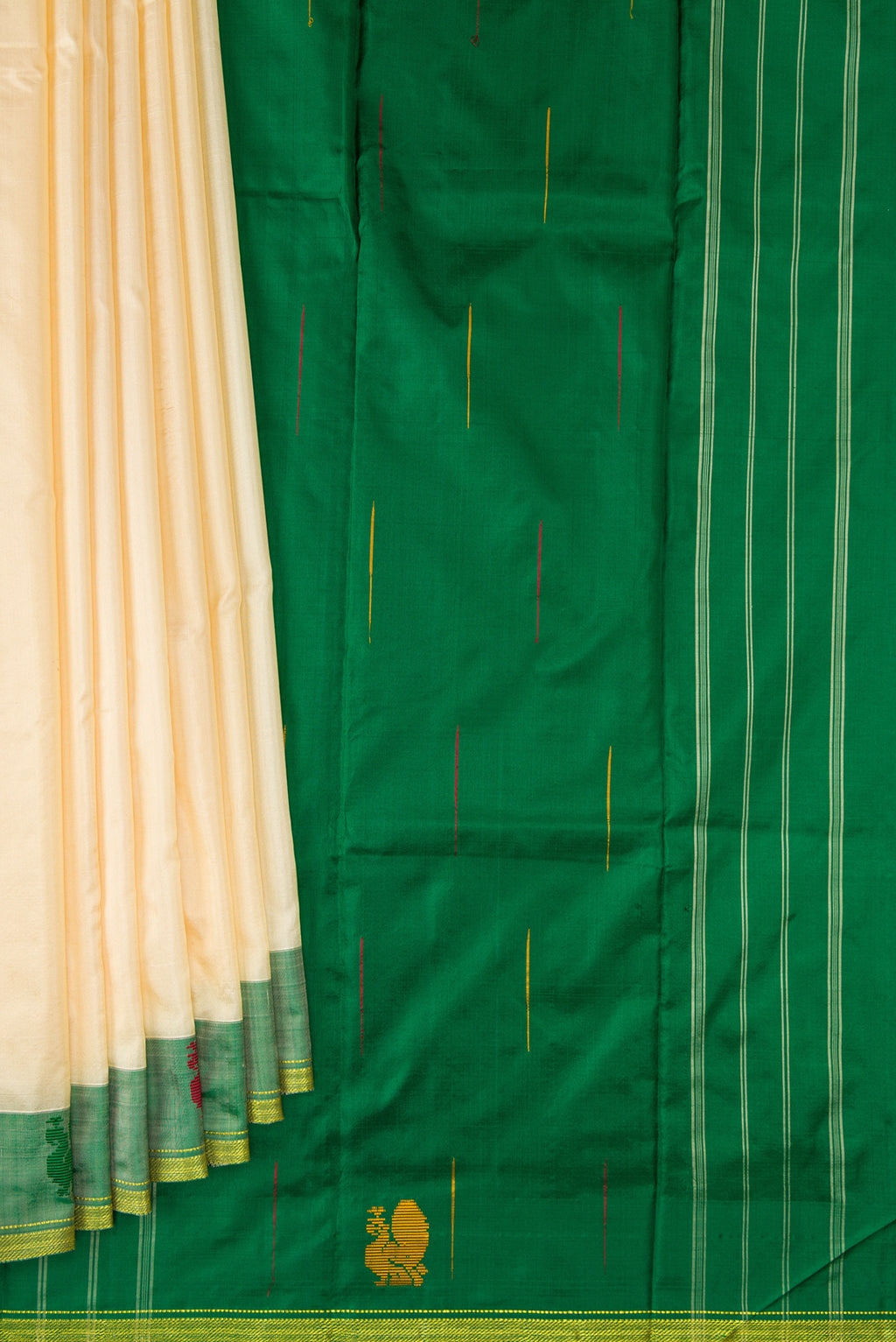 Pleats and pallu of Sandal Kanchipuram Silk Saree with Plain Body and Zari Border. 