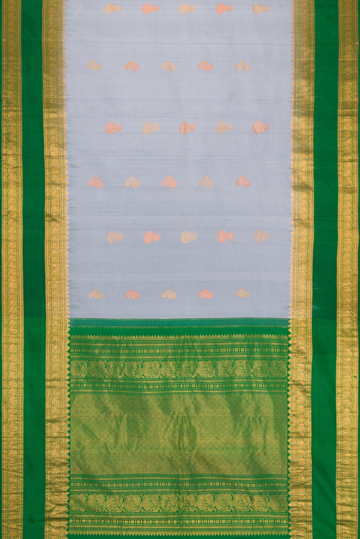 Flat view of Grey Dual Tone Gadwal Silk Saree with Zari Butta on the body and Zari Border. 