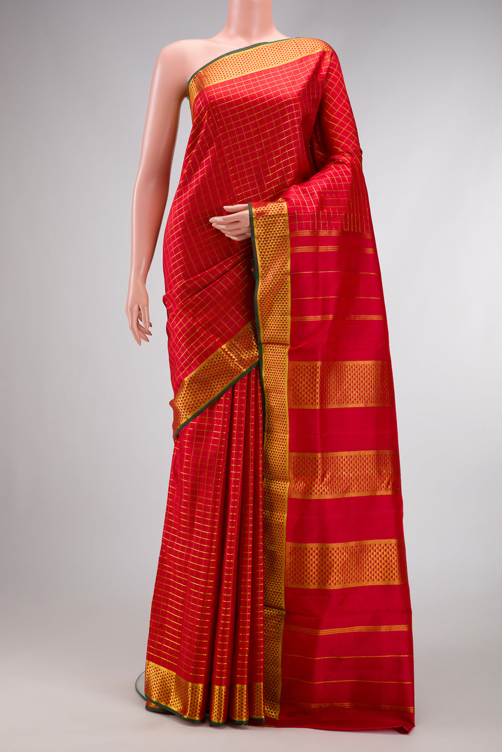 Red Dual Tone Kanchipuram Silk Nine Yards Saree with Checked design on the body and Zari Border.  displayed on a mannequin