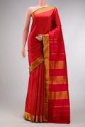 Red Dual Tone Kanchipuram Silk Nine Yards Saree with Checked design on the body and Zari Border.  displayed on a mannequin