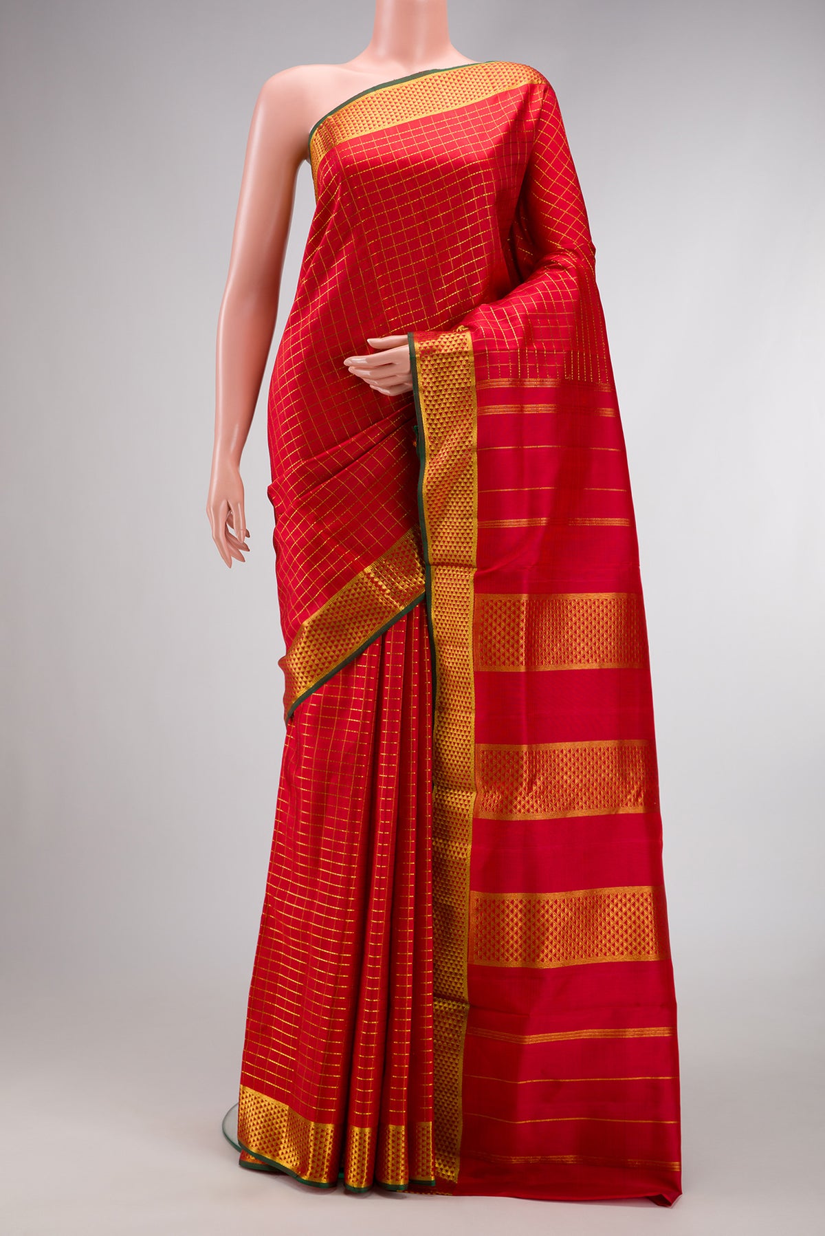 Red Dual Tone Kanchipuram Silk Nine Yards Saree with Checked design on the body and Zari Border.  displayed on a mannequin