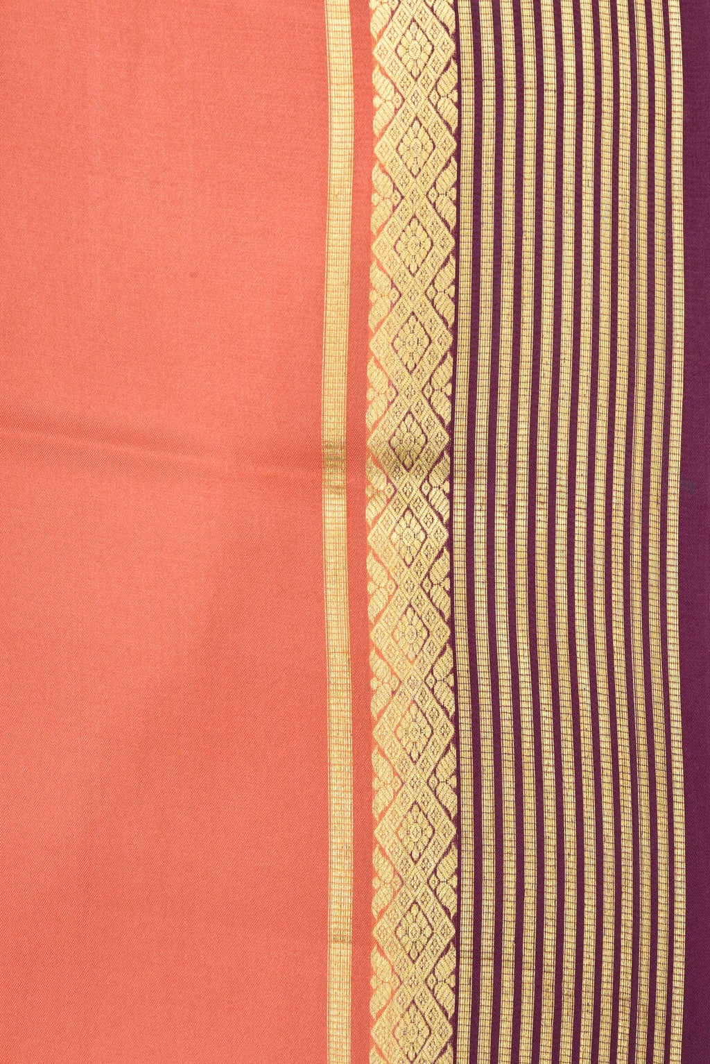 Border image of Peach Dual Tone Mysore Silk Saree with Plain Body and Zari Border. 