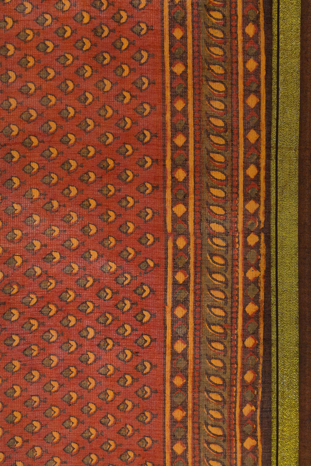 Border image of Orange Dual Tone Cotton Saree with Ajrakh Print on the body and Zari Border. 