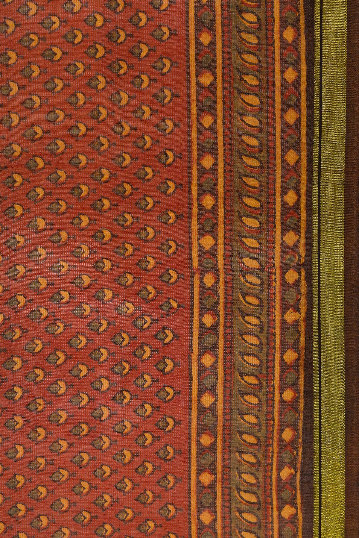 Border image of Orange Dual Tone Cotton Saree with Ajrakh Print on the body and Zari Border. 