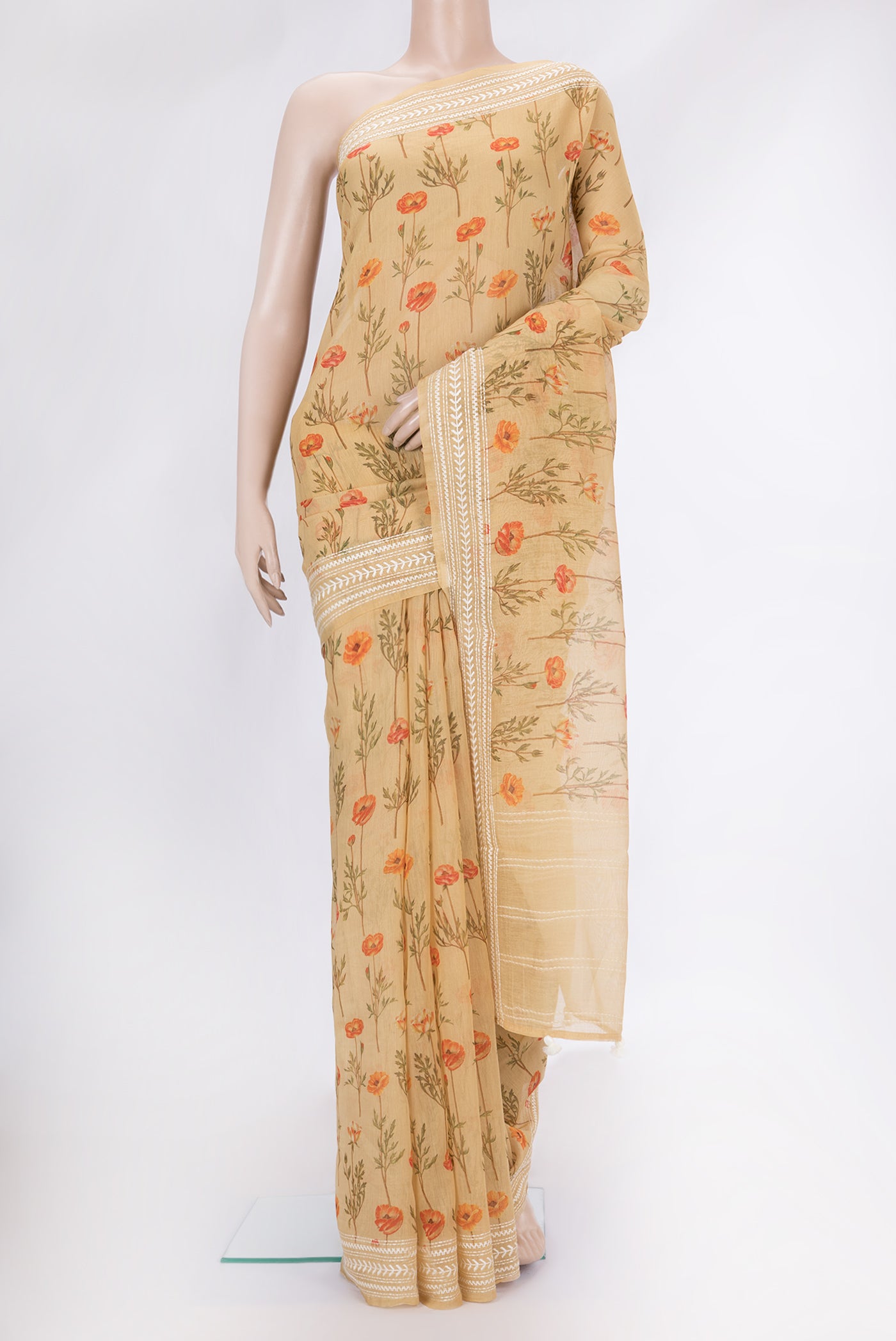Sandal Dual Tone Chanderi Silk Saree with Printed design on the body and Embroidery Border.  displayed on a mannequin