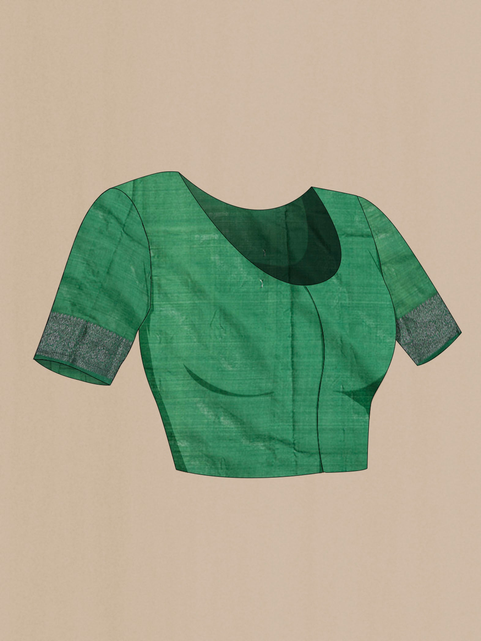 Close up image of the blouse of Green Banarasi Tussar Silk Saree with Zari And Thread Butta on the body and Zari And Thread Border