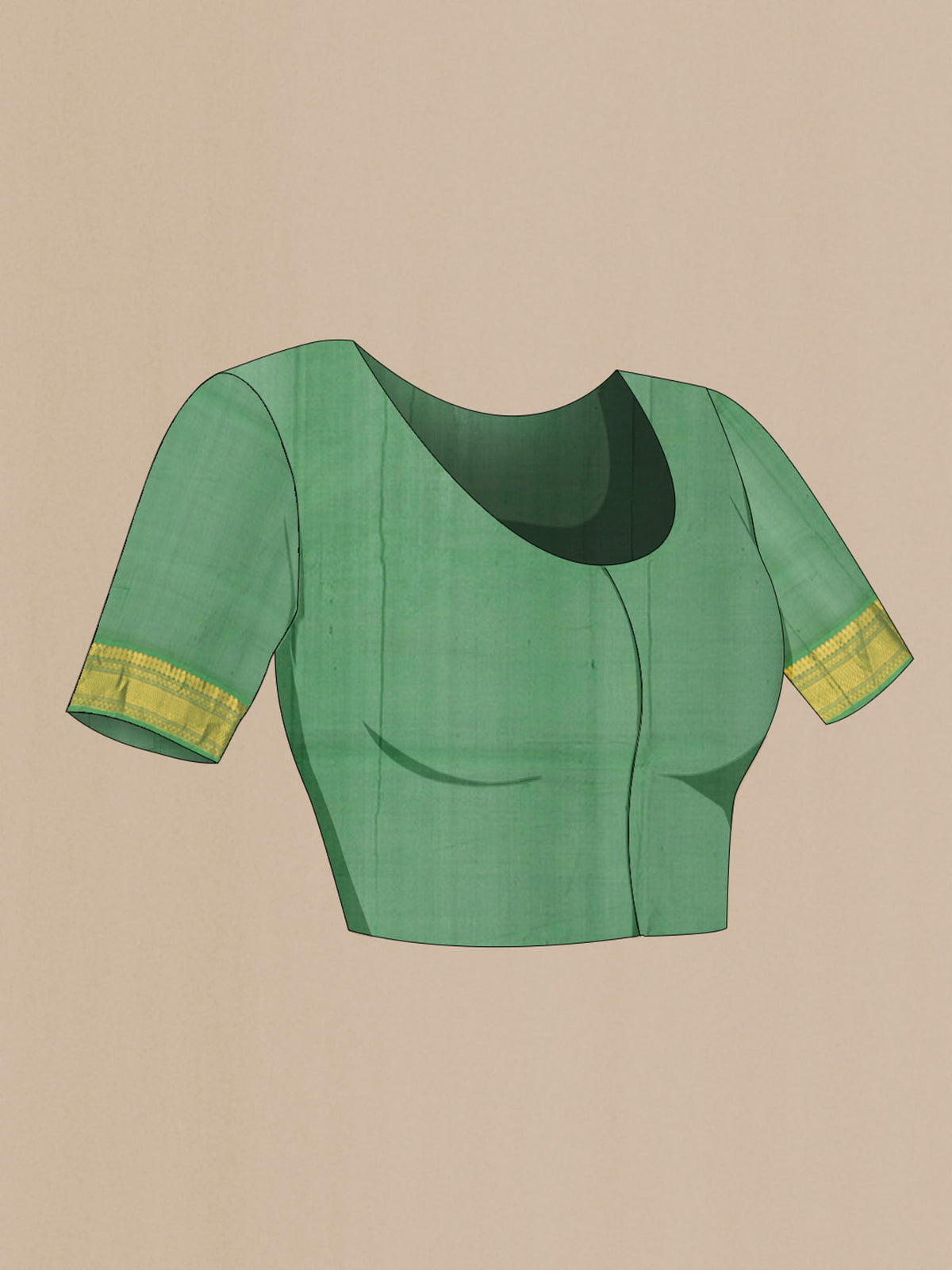 Close up image of the blouse of Mustard Silk Cotton Saree with Plain Body and Zari Border