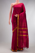 Maroon Kanchipuram Silk Nine Yards Saree with Plain Body and Zari Border.  displayed on a mannequin