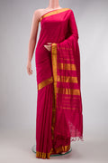 Maroon Kanjivaram Silk Nine Yards Saree with Plain Body and Zari Border.  displayed on a mannequin