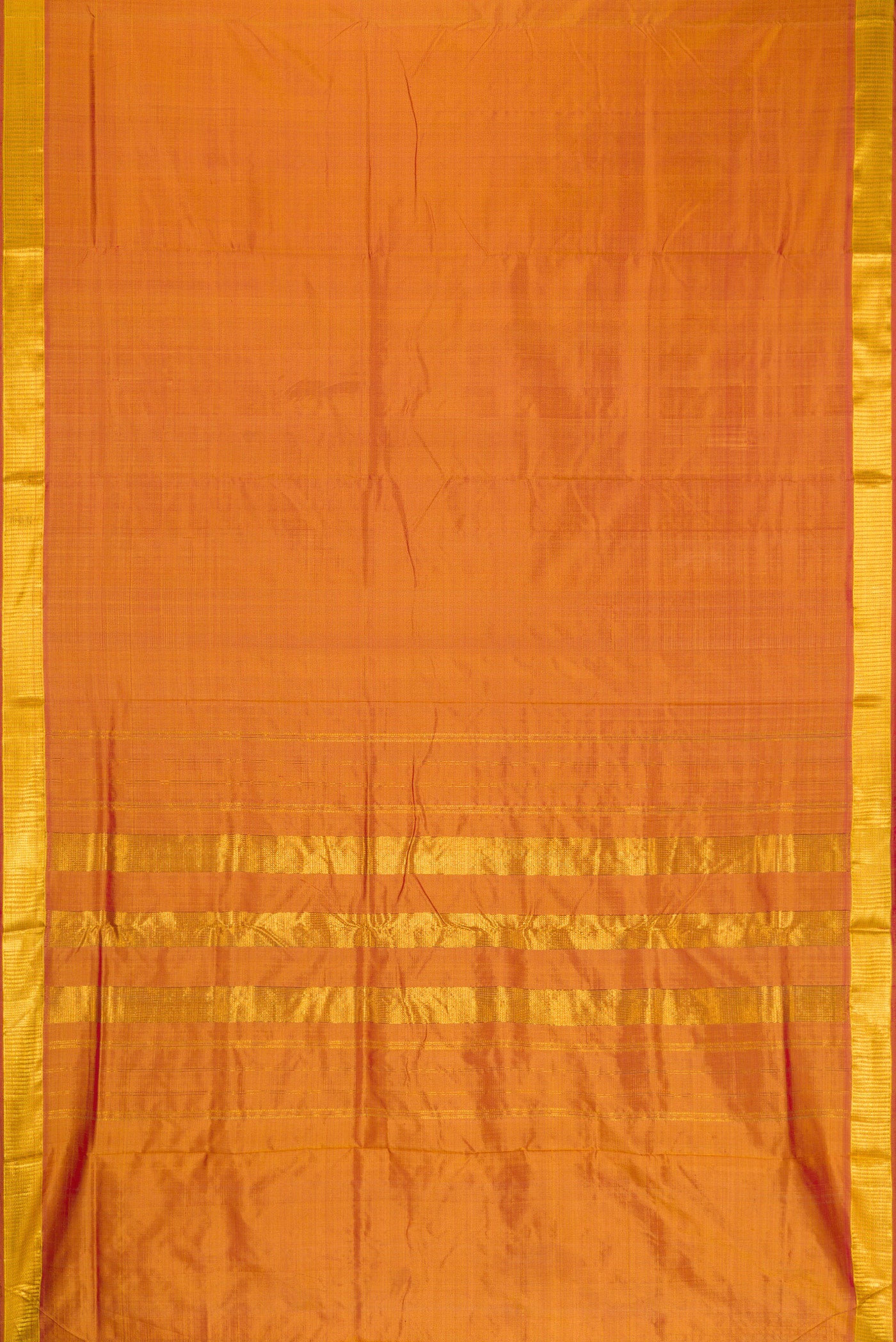Flat view of Mustard Dual Tone Kanjivaram Silk Nine Yards Saree with Plain Body and Zari Border. 