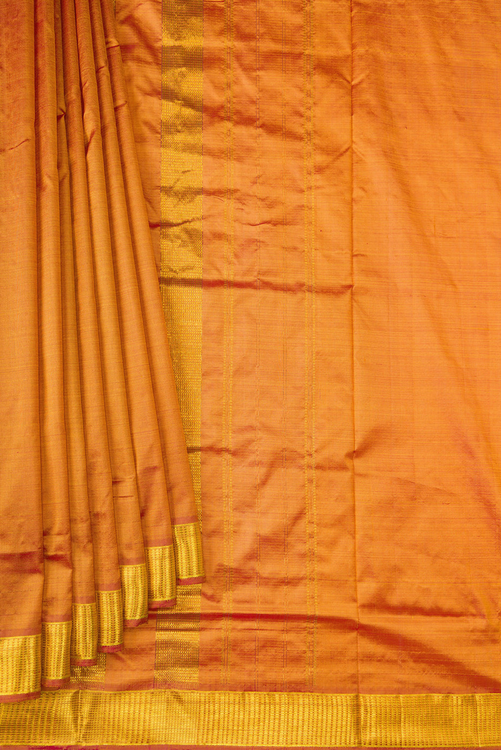 Pleats and pallu of Mustard Dual Tone Kanjivaram Silk Nine Yards Saree with Plain Body and Zari Border. 