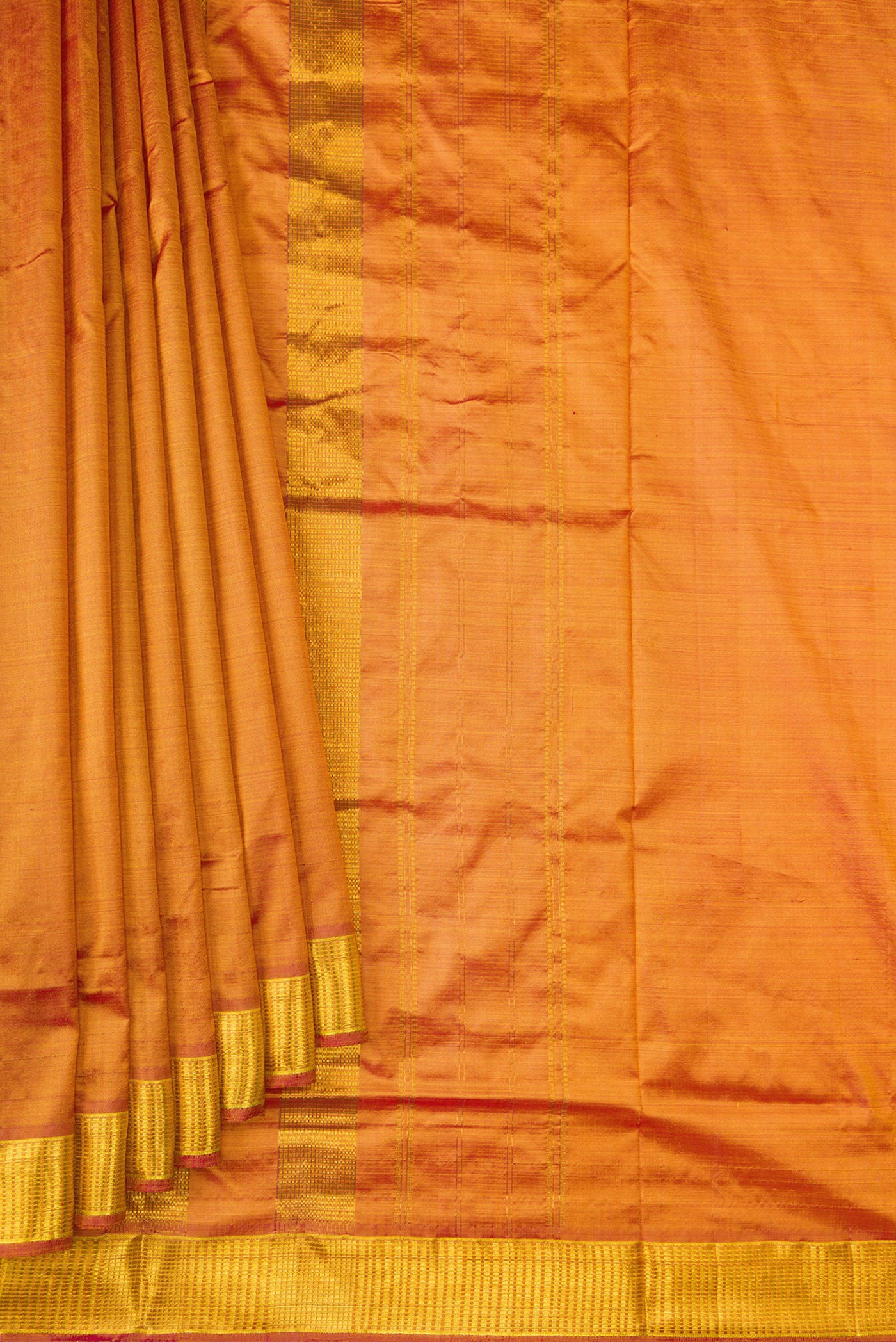 Pleats and pallu of Mustard Dual Tone Kanjivaram Silk Nine Yards Saree with Plain Body and Zari Border. 