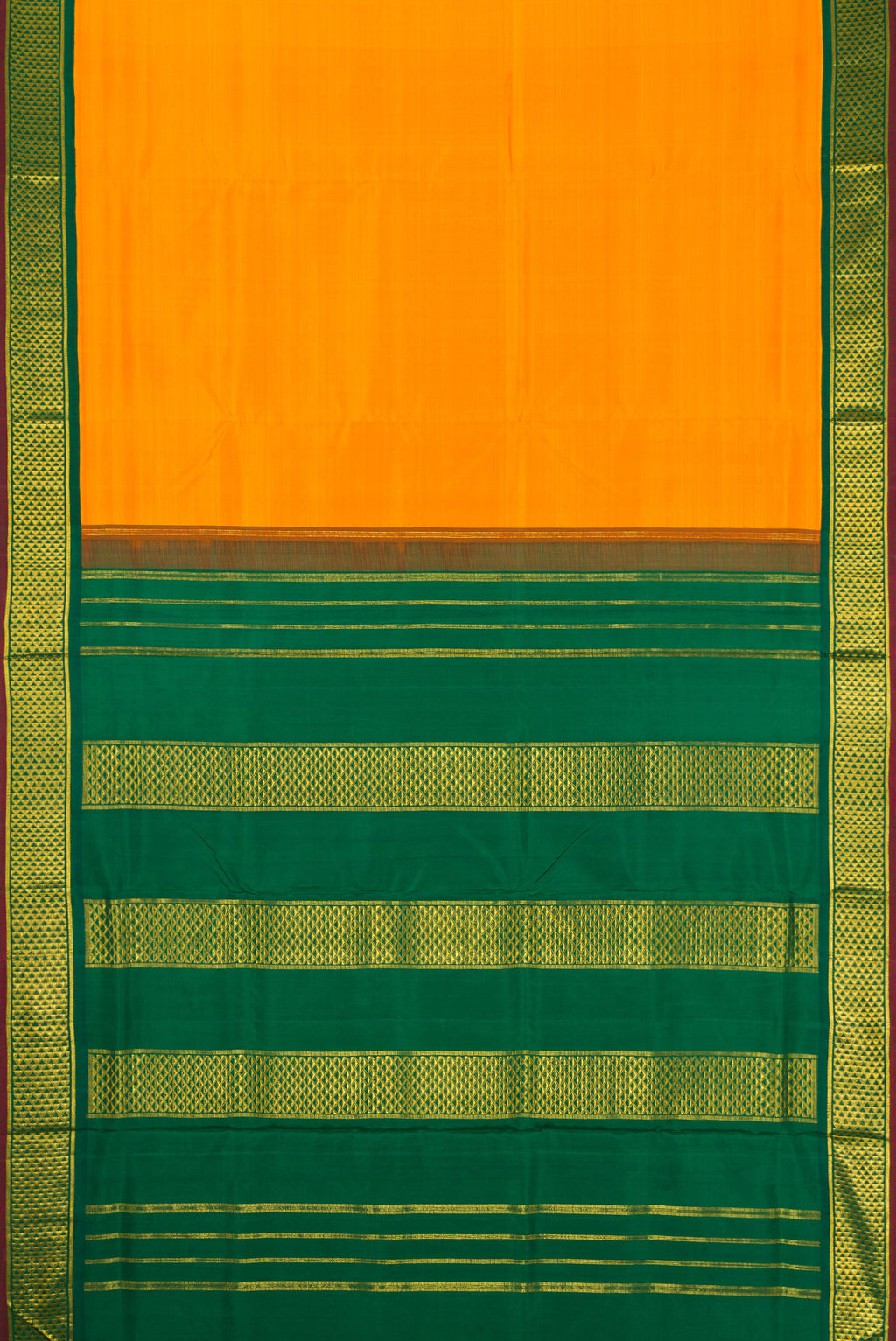 Flat view of Pure Silk Pure Zari Yellow Dual Tone Kanchipuram Nine Yards Saree with Plain Body and Zari Border. 