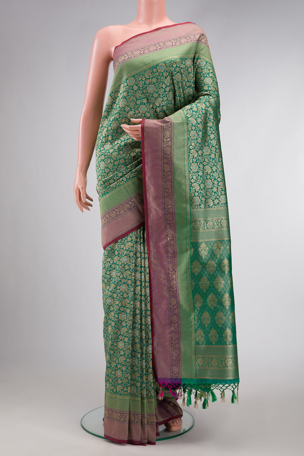 Green Dual Tone Blended Banarasi Silk Saree with Zari Brocade on the body and Zari Border.  displayed on a mannequin