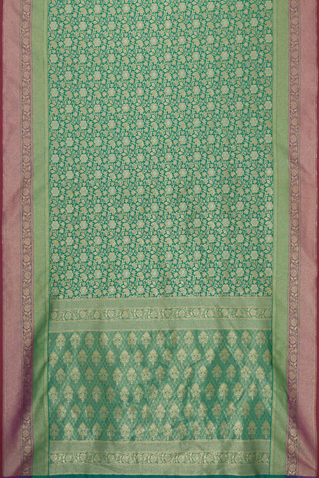 Flat view of Green Dual Tone Blended Banarasi Silk Saree with Zari Brocade on the body and Zari Border. 