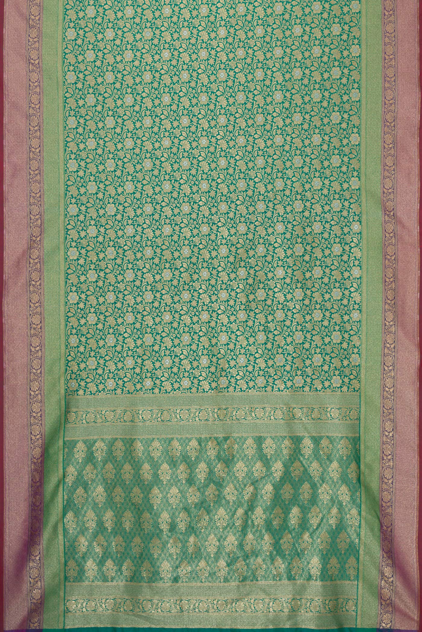 Flat view of Green Dual Tone Blended Banarasi Silk Saree with Zari Brocade on the body and Zari Border. 