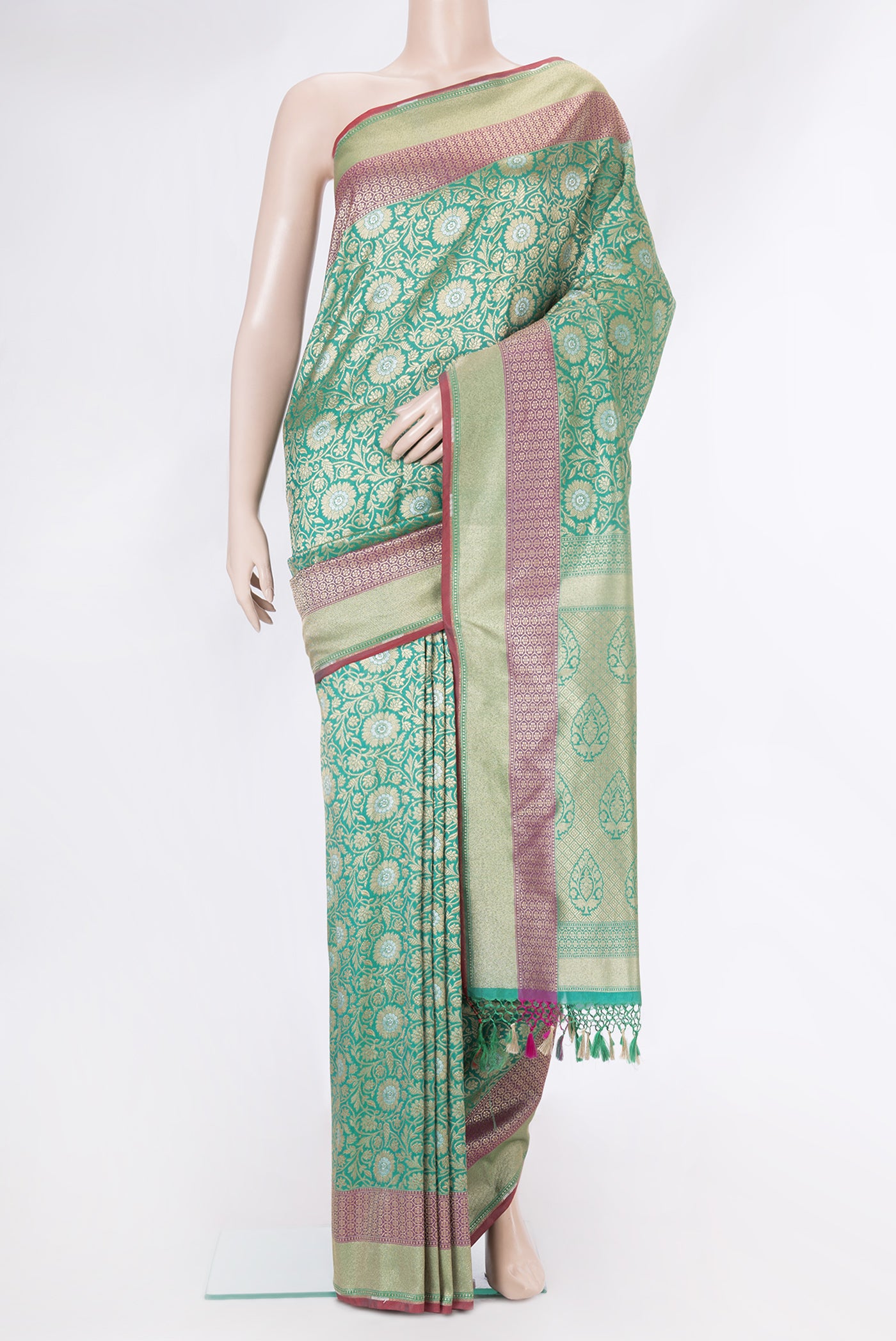 Green Dual Tone Blended Banarasi Silk Saree with Zari Brocade on the body and Zari Border.  displayed on a mannequin