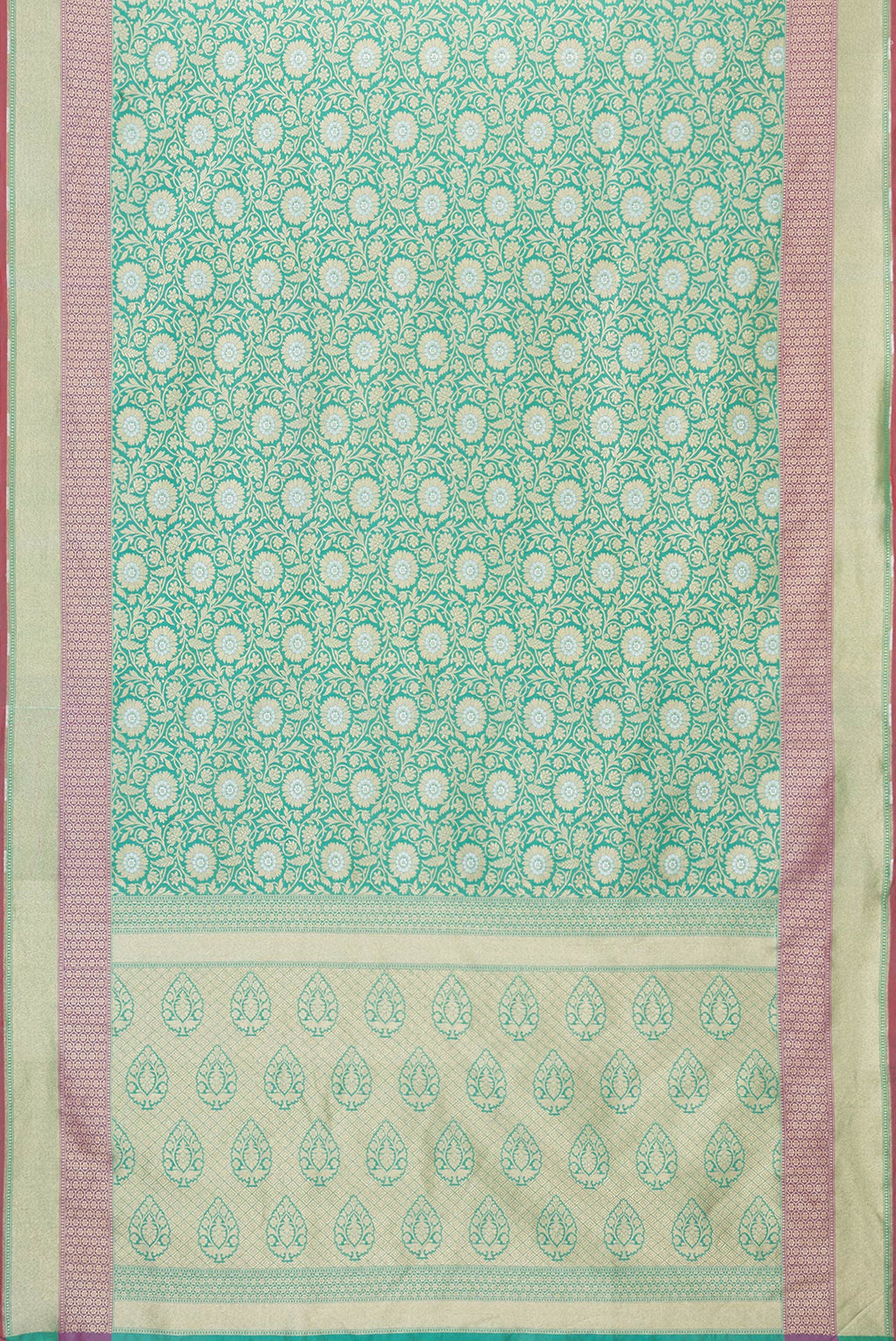 Flat view of Green Dual Tone Blended Banarasi Silk Saree with Zari Brocade on the body and Zari Border. 