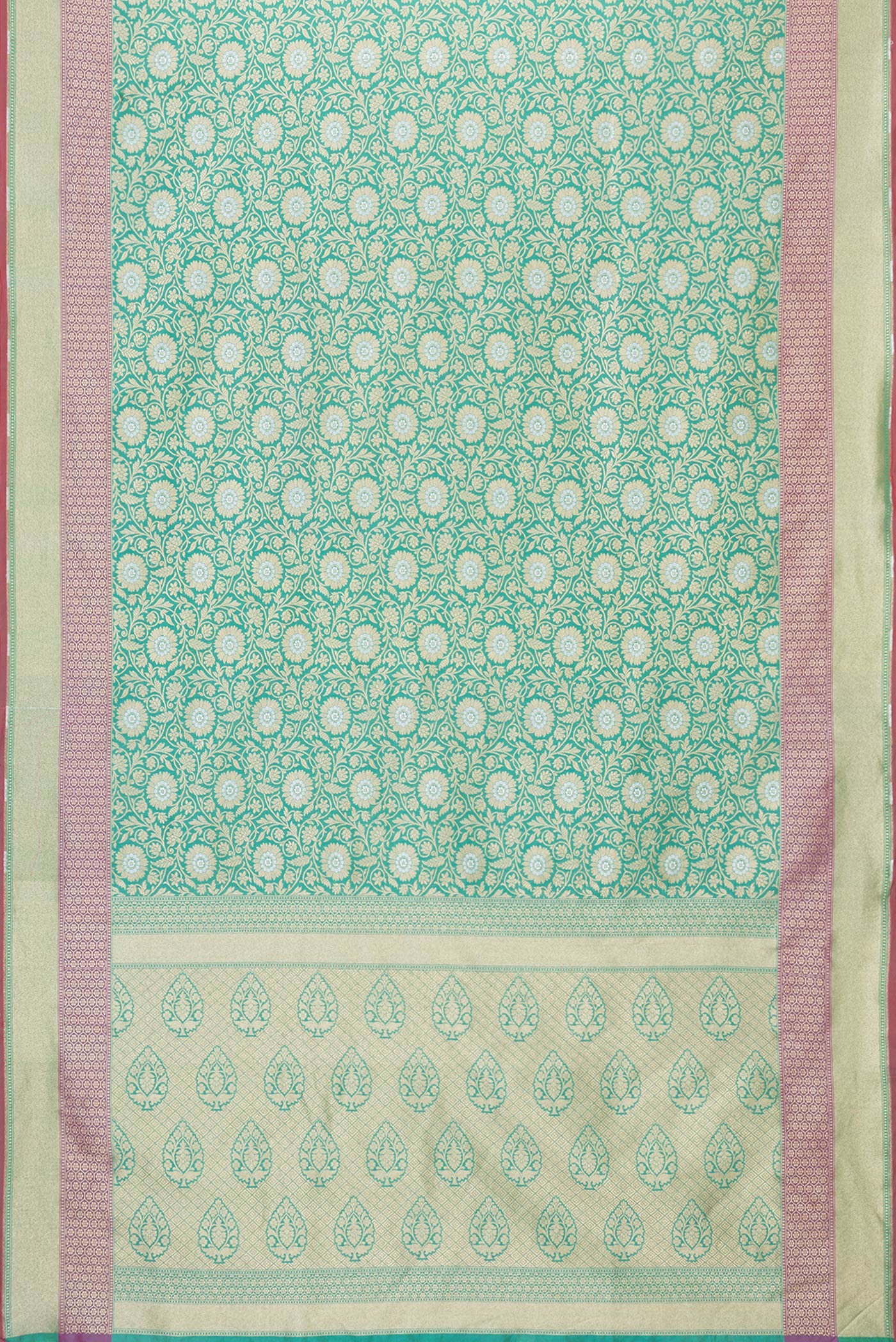Flat view of Green Dual Tone Blended Banarasi Silk Saree with Zari Brocade on the body and Zari Border. 