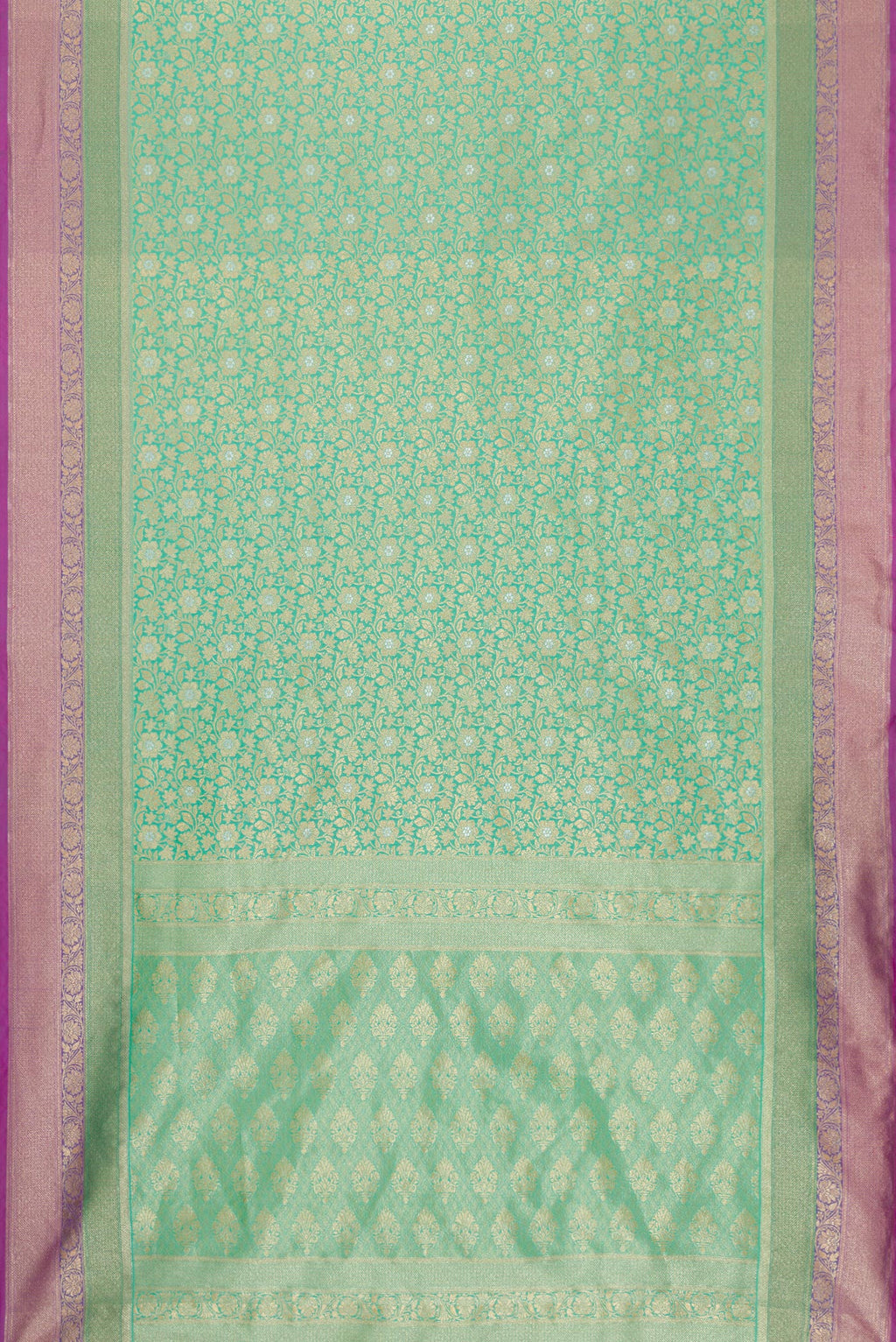 Flat view of Sea Green Dual Tone Blended Banarasi Silk Saree with Zari Brocade on the body and Zari Border. 