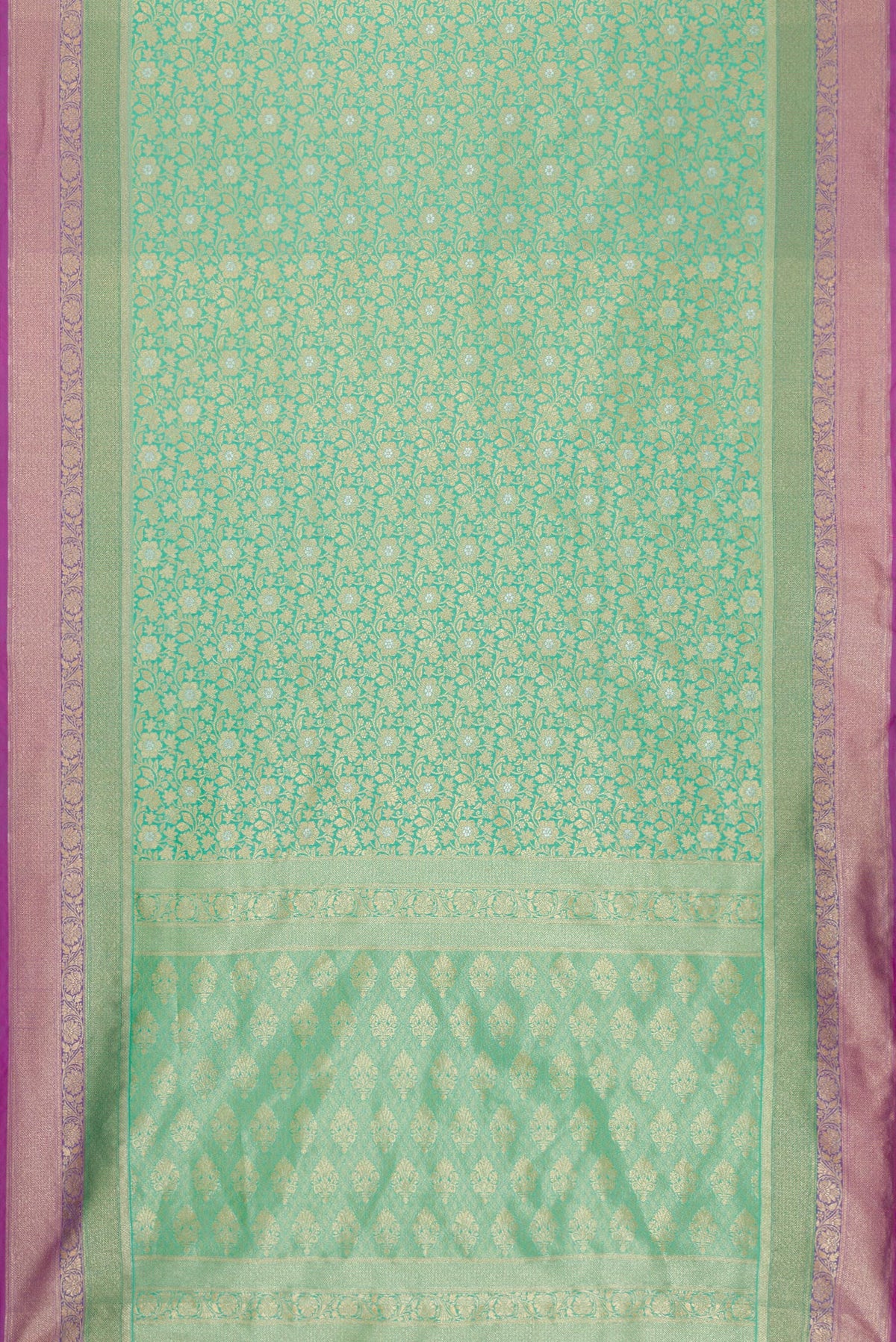 Flat view of Sea Green Dual Tone Blended Banarasi Silk Saree with Zari Brocade on the body and Zari Border. 