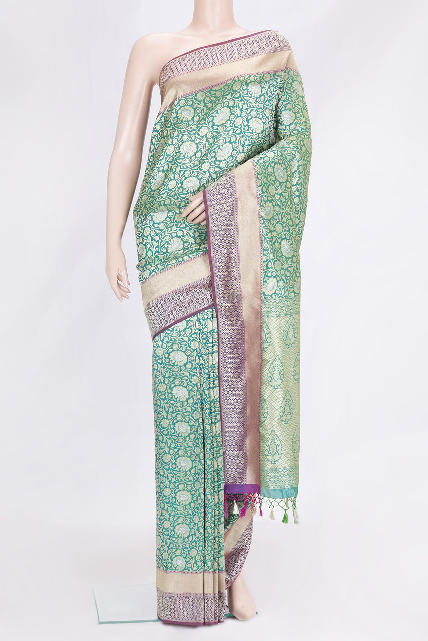 Green Dual Tone Blended Banarasi Silk Saree with Zari Brocade on the body and Zari Border.  displayed on a mannequin