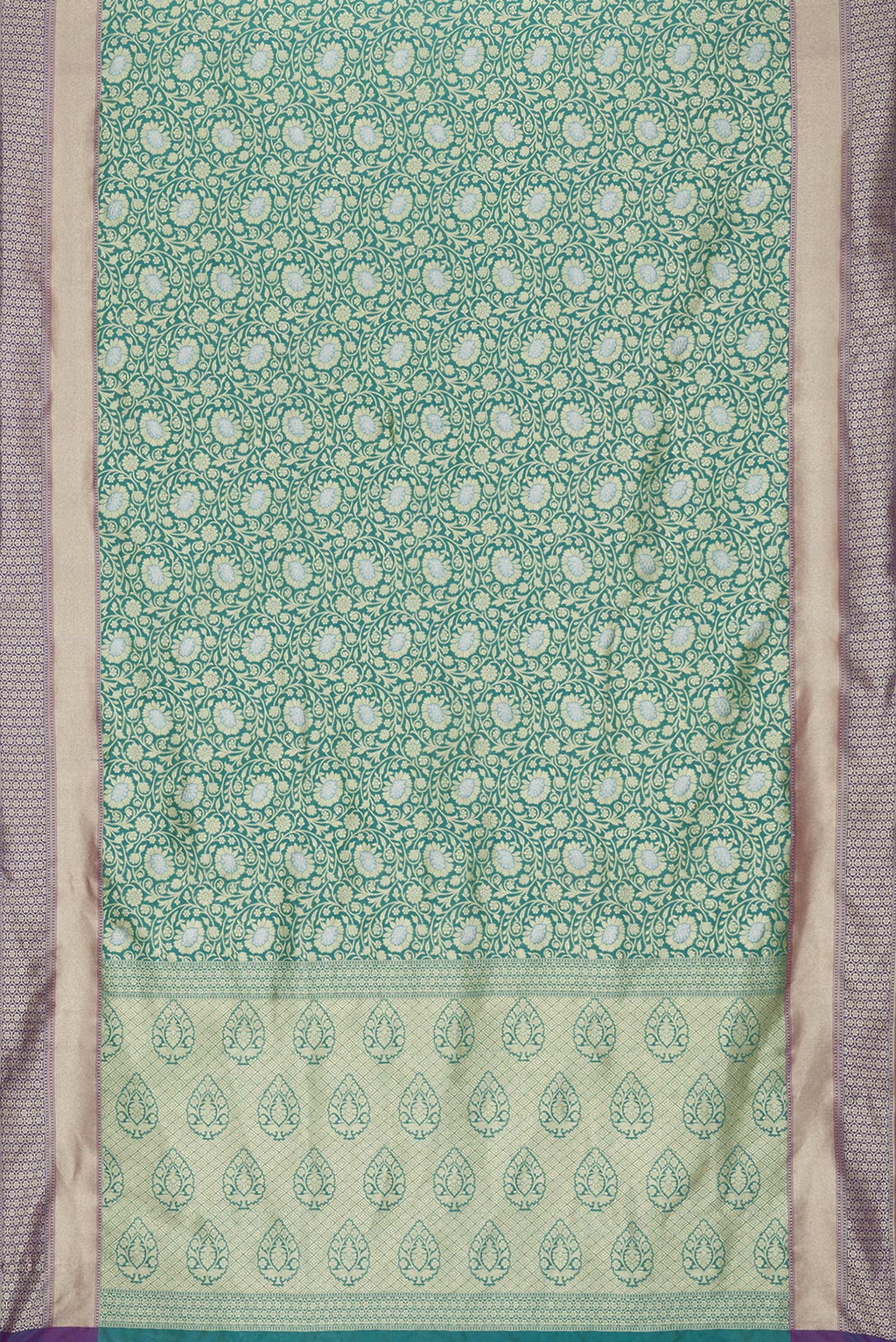 Flat view of Green Dual Tone Blended Banarasi Silk Saree with Zari Brocade on the body and Zari Border. 
