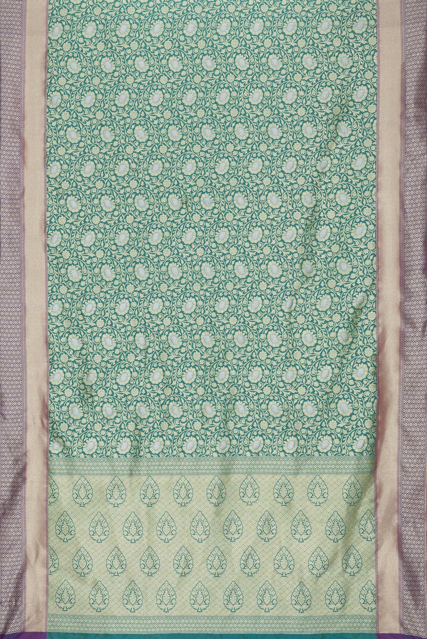Flat view of Green Dual Tone Blended Banarasi Silk Saree with Zari Brocade on the body and Zari Border. 