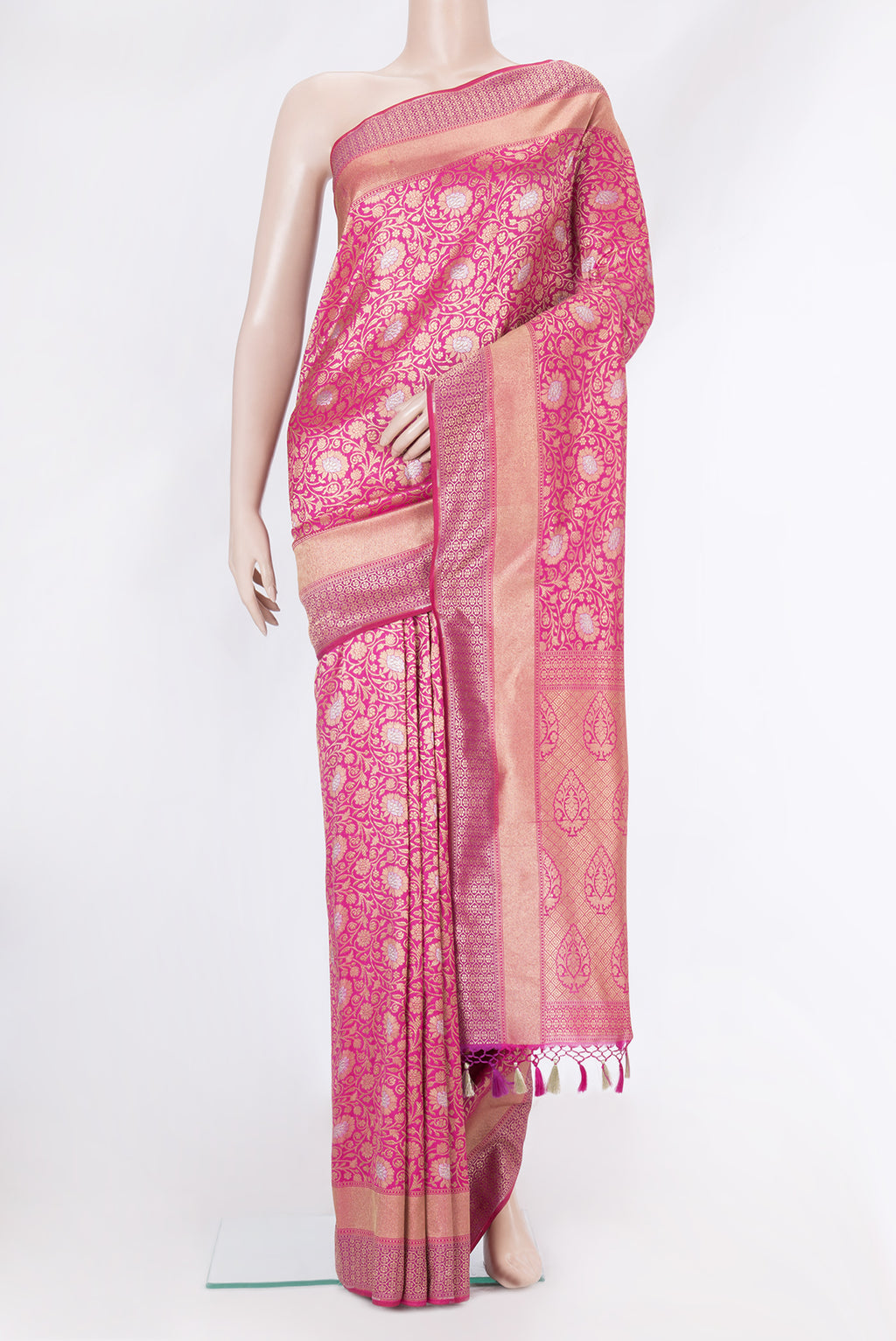 Pink Dual Tone Blended Banarasi Silk Saree with Zari Brocade on the body and Zari Border.  displayed on a mannequin