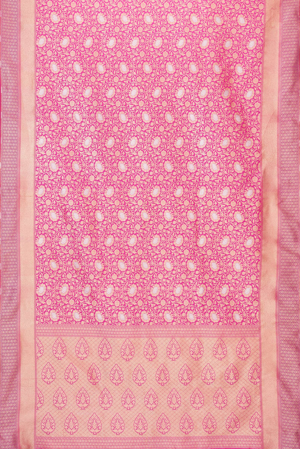Flat view of Pink Dual Tone Blended Banarasi Silk Saree with Zari Brocade on the body and Zari Border. 