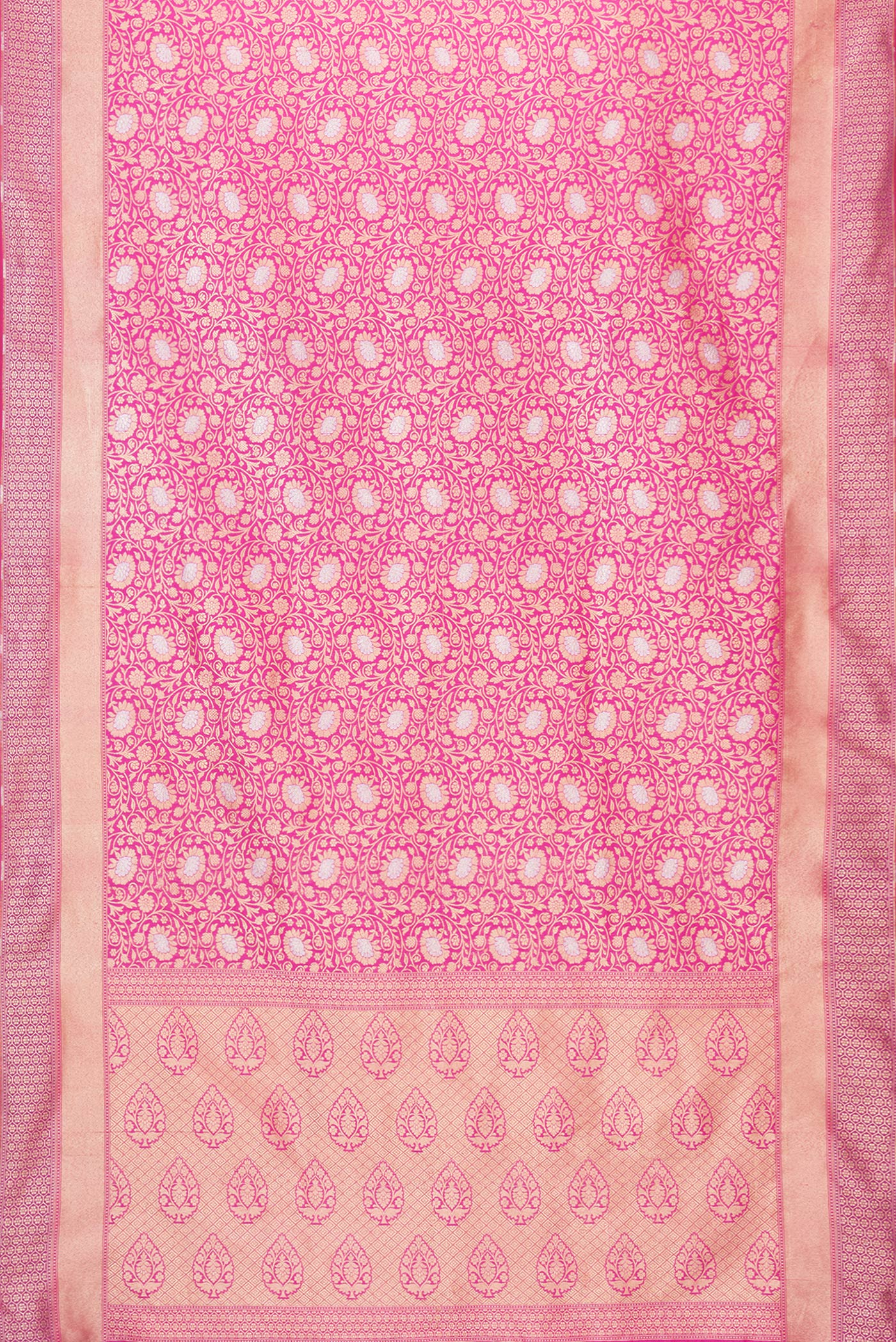 Flat view of Pink Dual Tone Blended Banarasi Silk Saree with Zari Brocade on the body and Zari Border. 