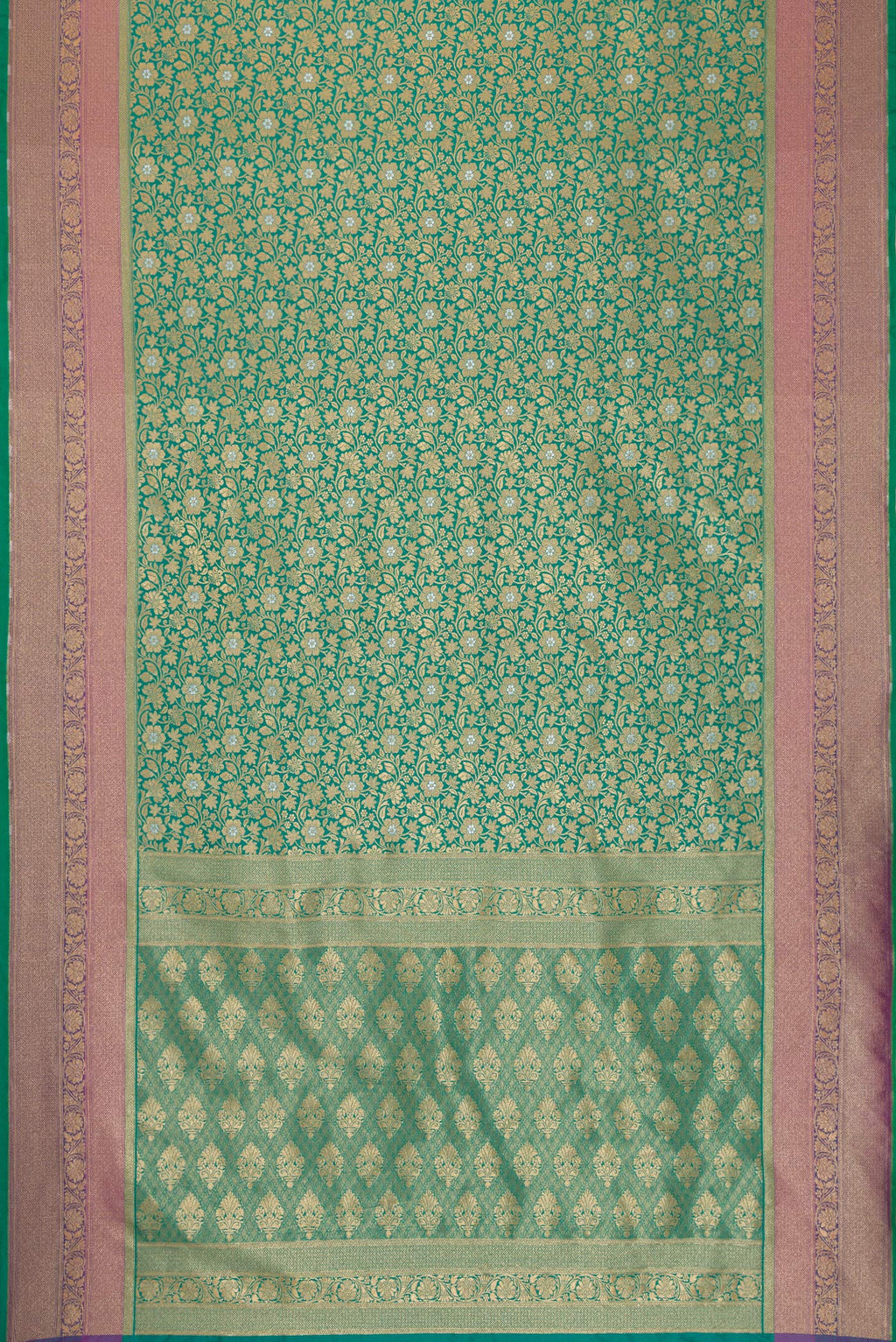 Flat view of Sea Green Dual Tone Blended Banarasi Silk Saree with Zari Brocade on the body and Zari Border. 