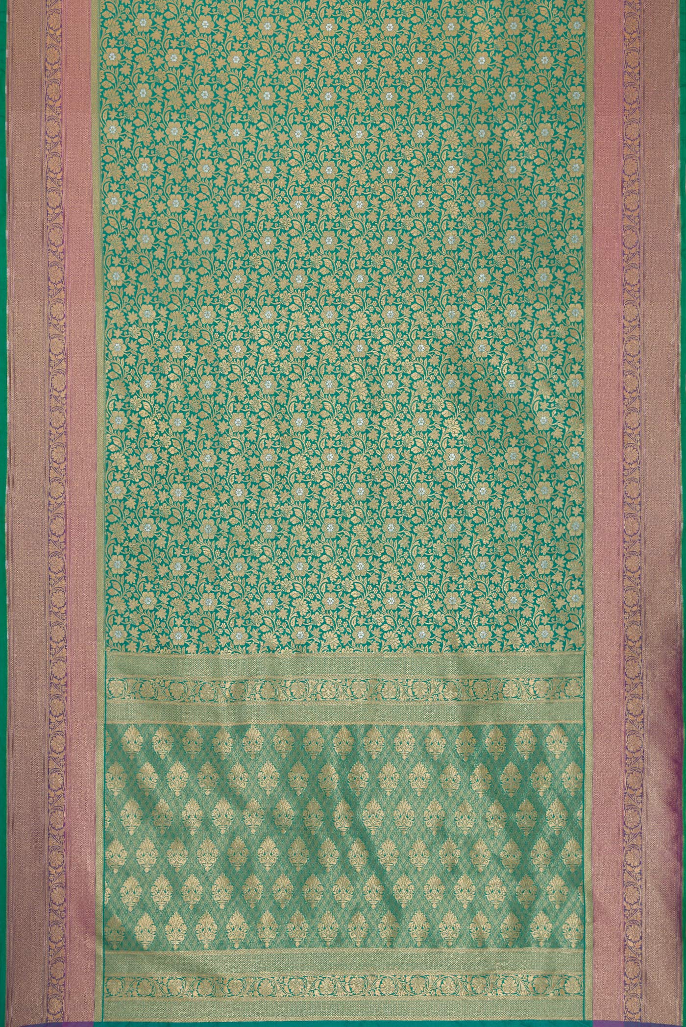 Flat view of Sea Green Dual Tone Blended Banarasi Silk Saree with Zari Brocade on the body and Zari Border. 
